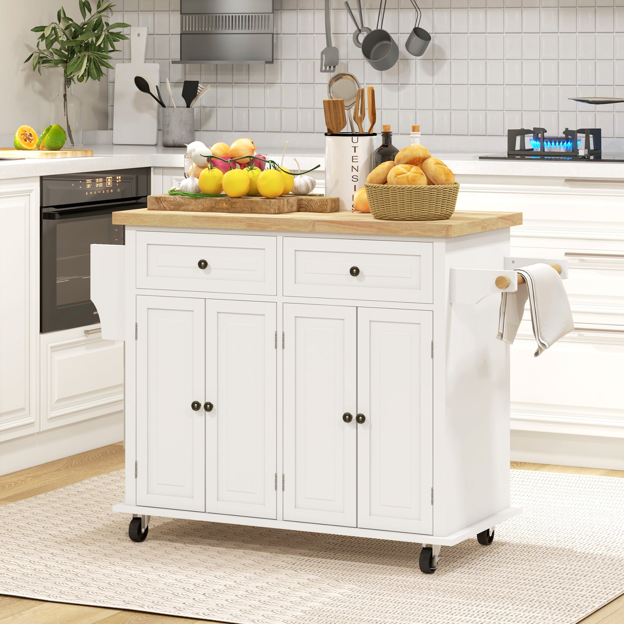 HOMCOM Rolling Kitchen Island Storage Trolley with Rubber Wood Top & Drawers for Dining Room, Cream White - North Peak Garden Furniture