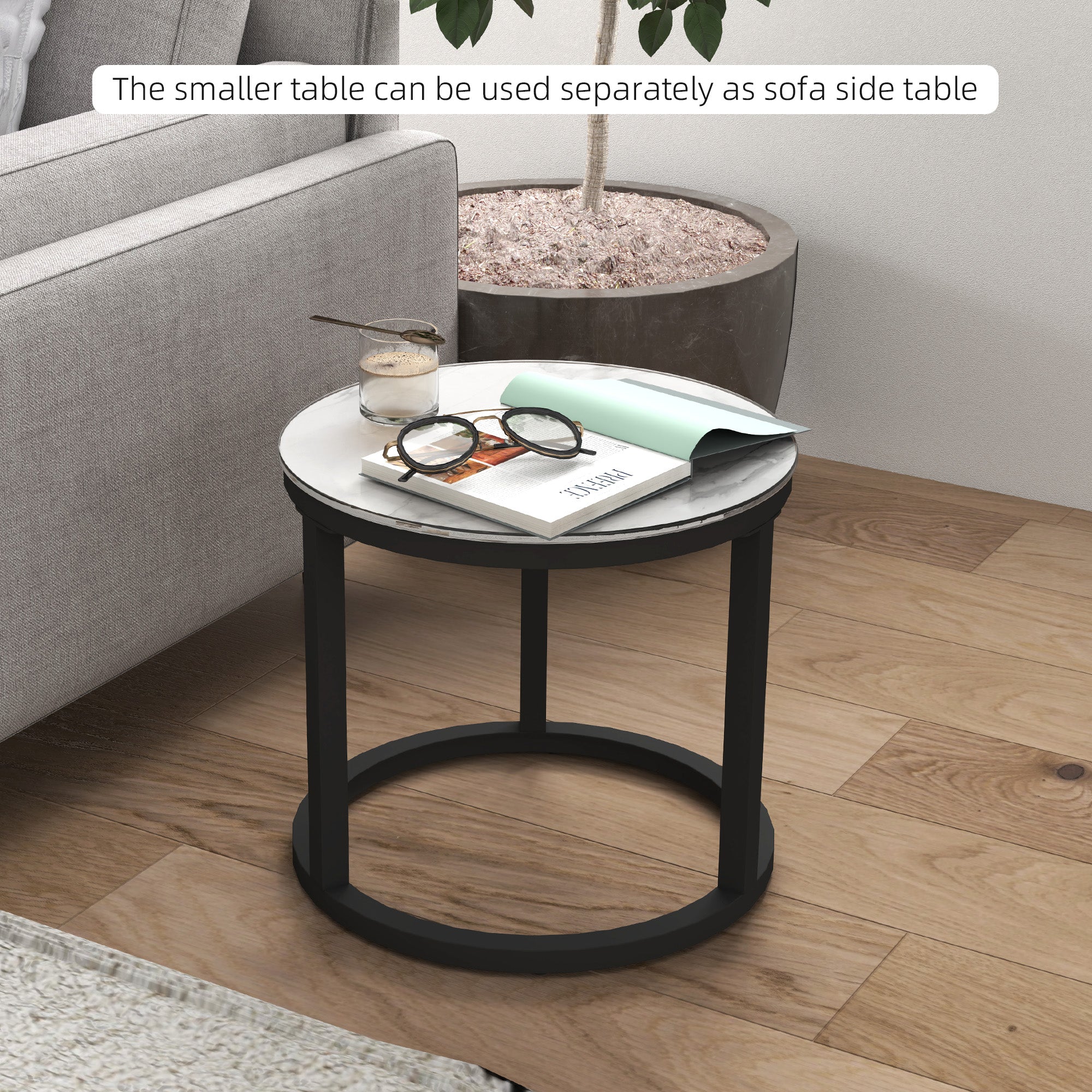 HOMCOM Glass Coffee Table Set of 2, Round Nest of Tables with Marble-Effect Tempered Glass Tabletop and Steel Frame, Modern Side Tables for Living Room, White - North Peak Garden Furniture