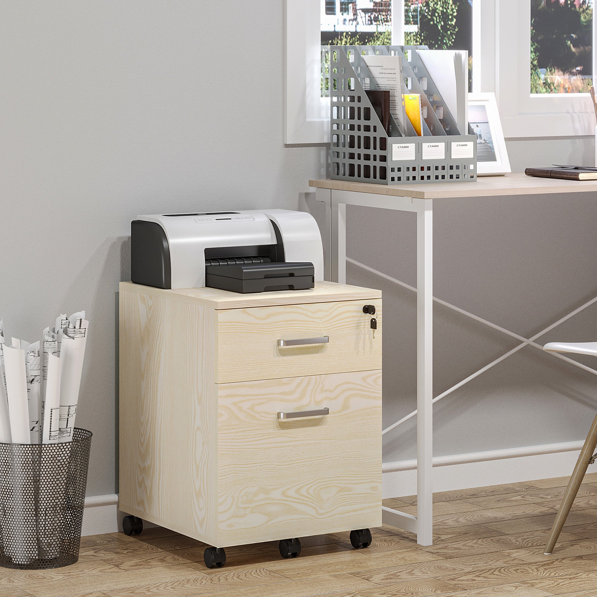 Vinsetto 2-Drawer Locking Office Filing Cabinet w/ 5 Wheels Rolling Storage Hanging Legal Letter Files Cupboard Home Organisation Oak Wood Grain - North Peak Garden Furniture