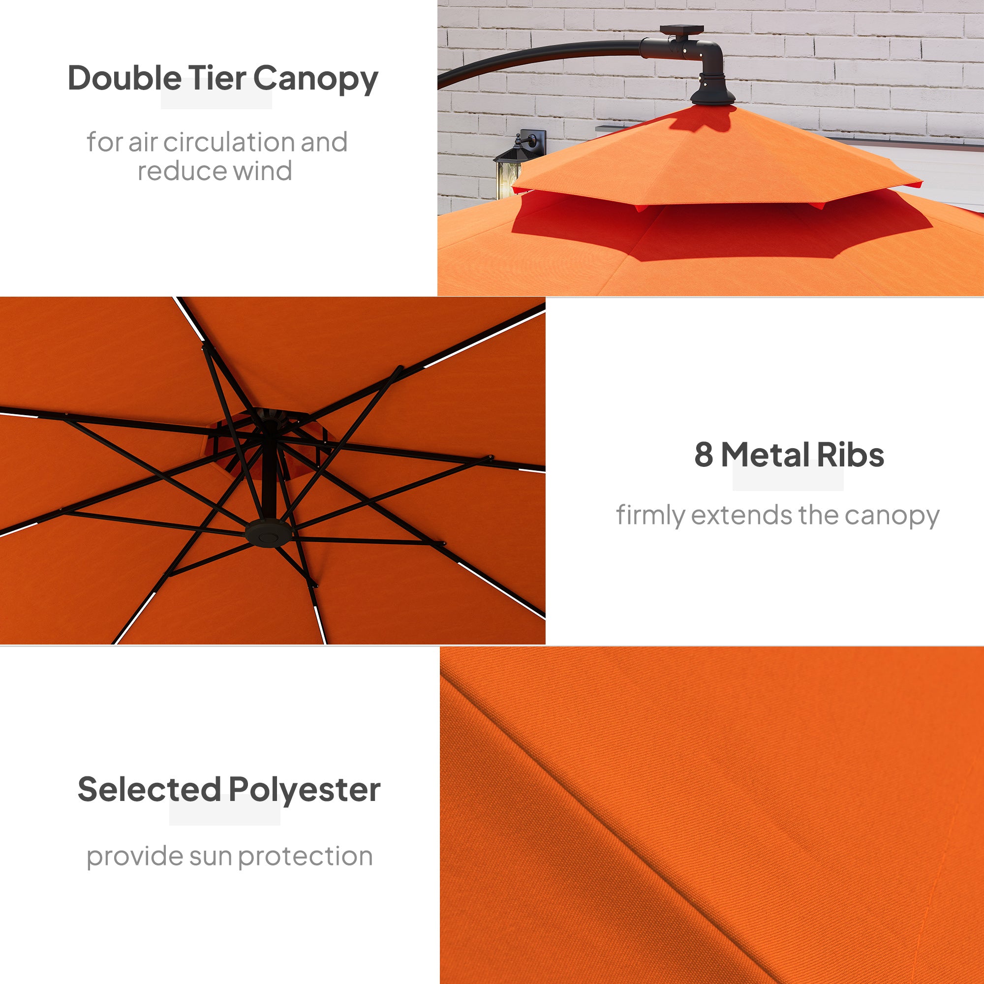 Outsunny 3m LED Light Overhanging Parasol - Orange - North Peak Garden Furniture