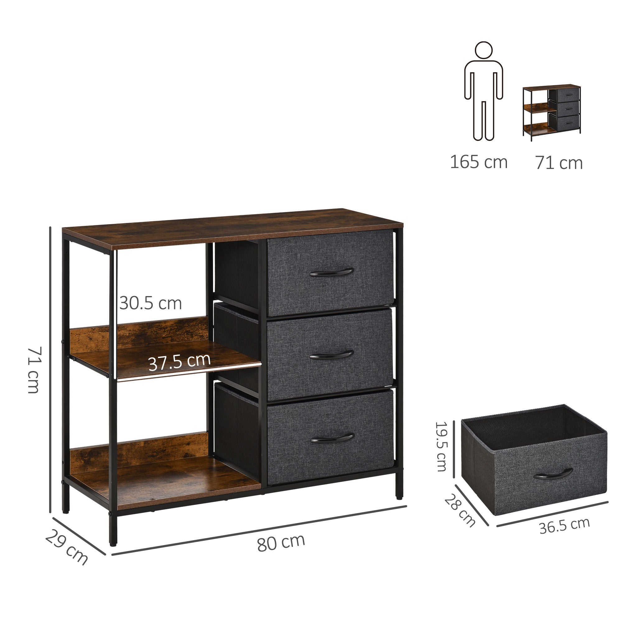HOMCOM Chest of Drawers Storage Dresser Cabinet Organizer with 3 Fabric Drawers and 2 Display Shelves for Living Room, Bedroom, Hallway, Black - North Peak Garden Furniture