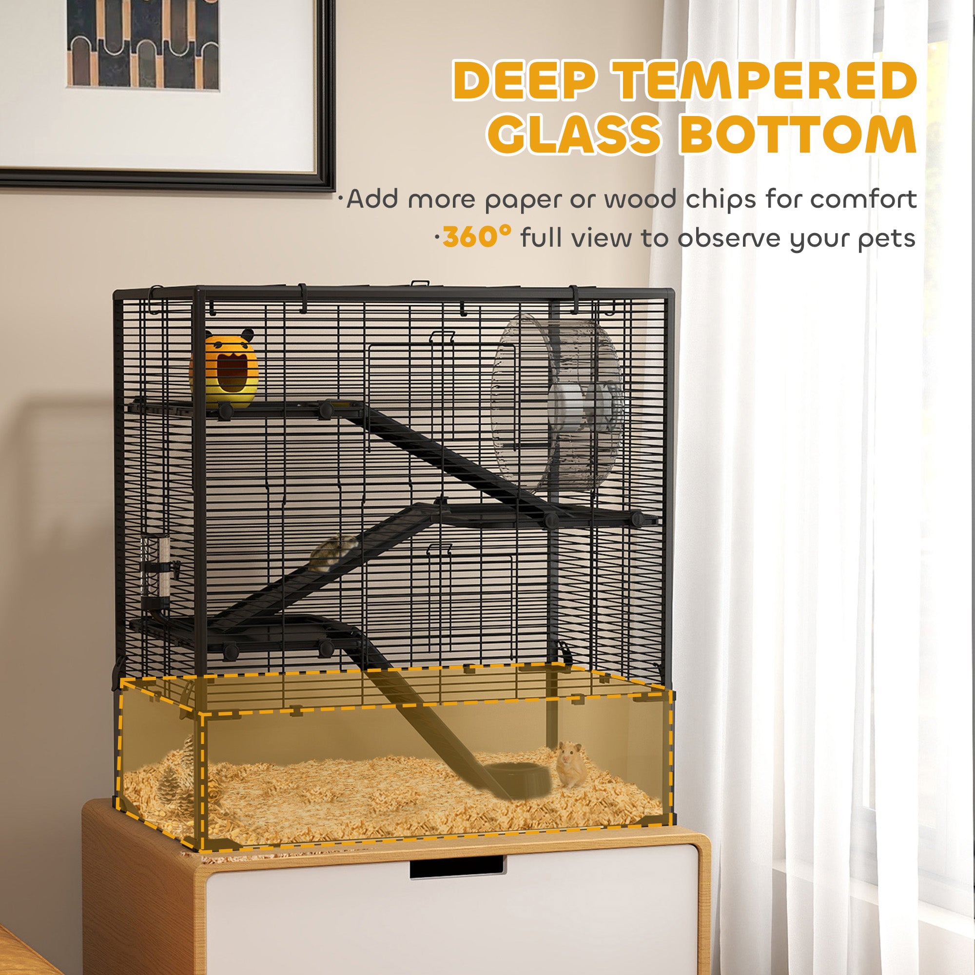 PawHut 4 Tiers Hamster Cage with Deep Tempered Glass Bottom, Hut, Running Wheel, Food Dish, Water Bottle, 78.5 x 48.5 x 80cm - North Peak Garden Furniture
