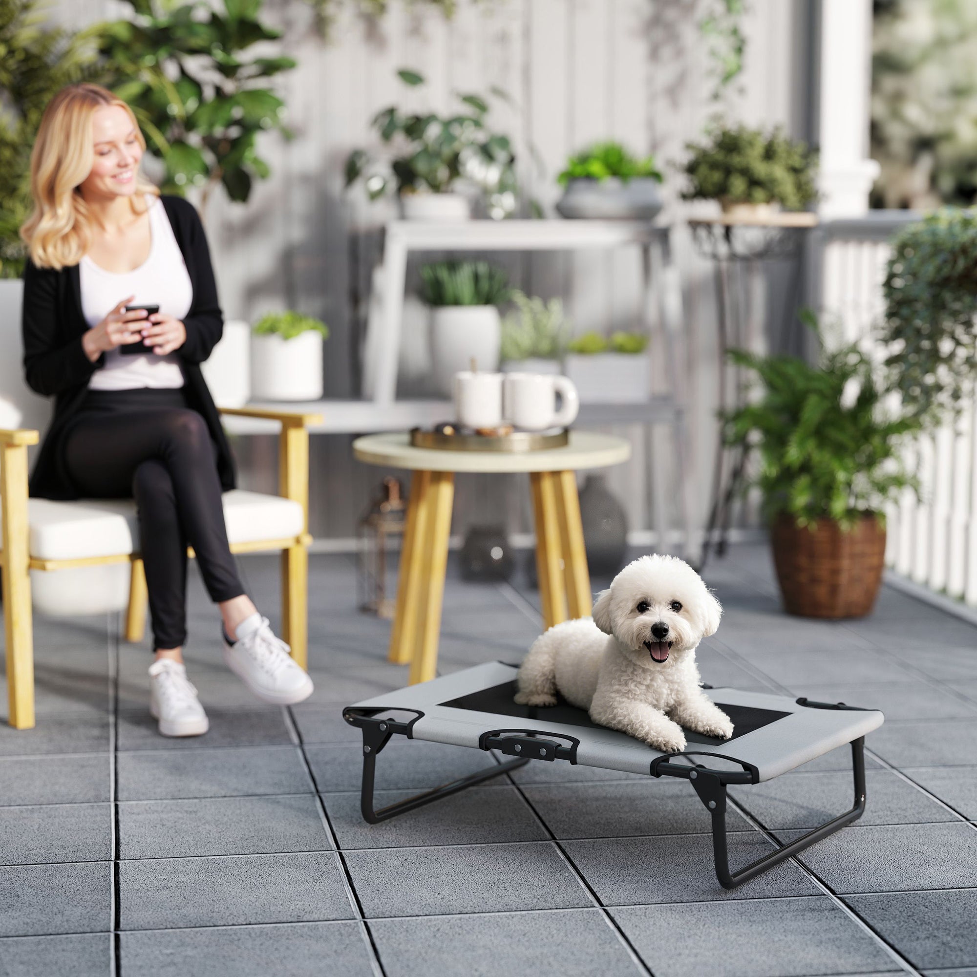 PawHut Portable Raised Dog Bed, Elevated Pet Cot with Breathable Mesh for Indoor Outdoor, for Small Medium Dogs, Light Grey - North Peak Garden Furniture