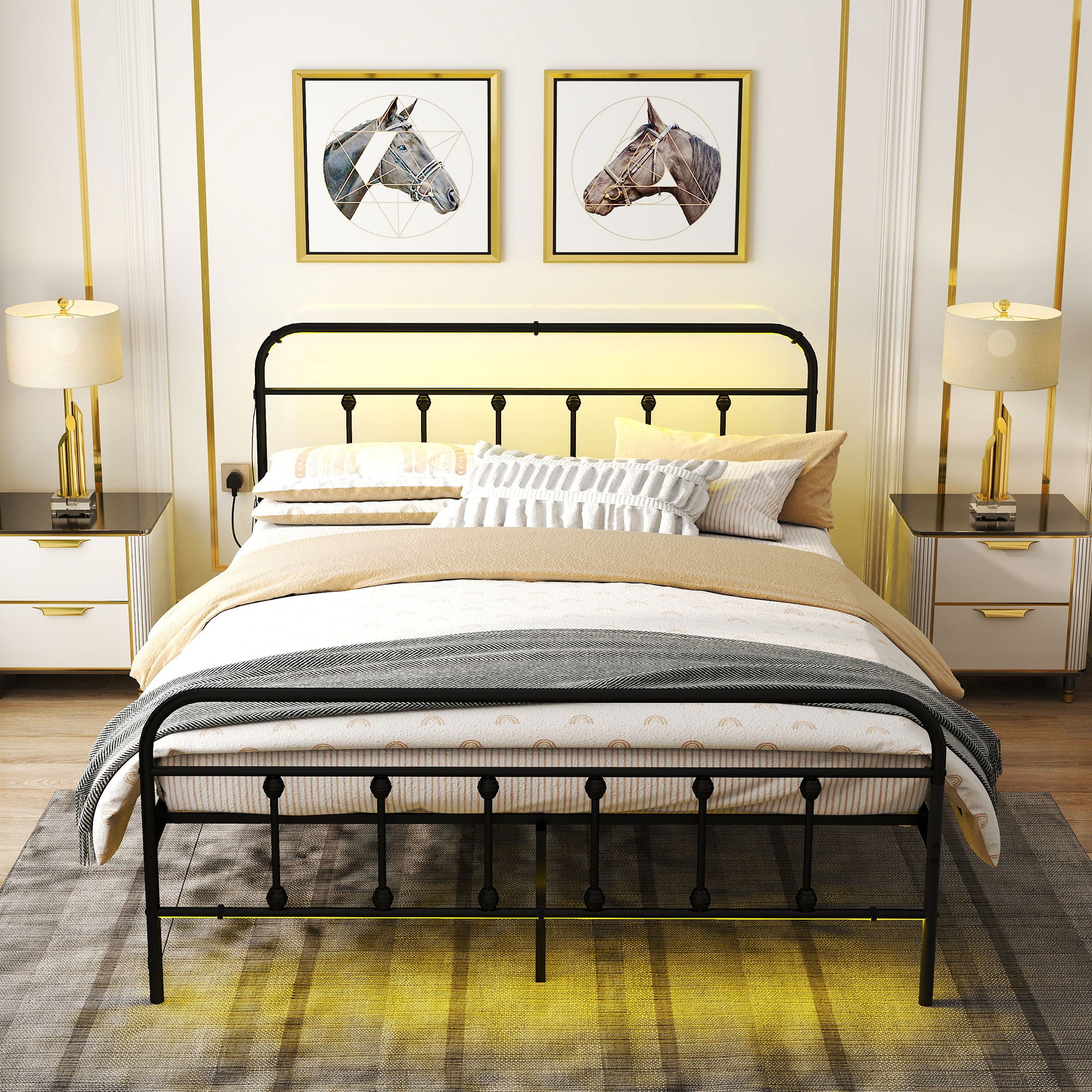 HOMCOM King Bed Frame with LED Lights and Charging Station, Metal Platform Bed Frame with Under Bed Storage, Black - North Peak Garden Furniture