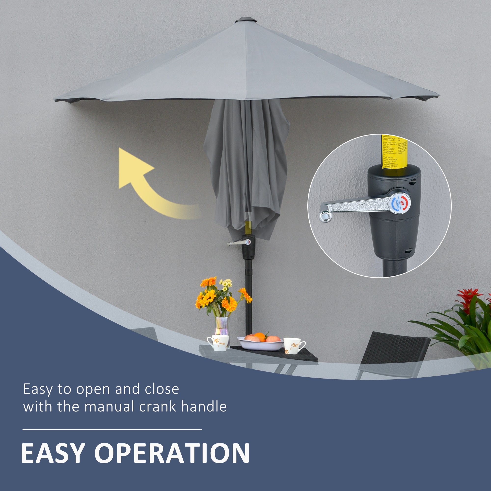 Outsunny 2m Half Parasol Market Umbrella Garden Balcony Parasol with Crank Handle, Base, Double-Sided Canopy, Dark Grey