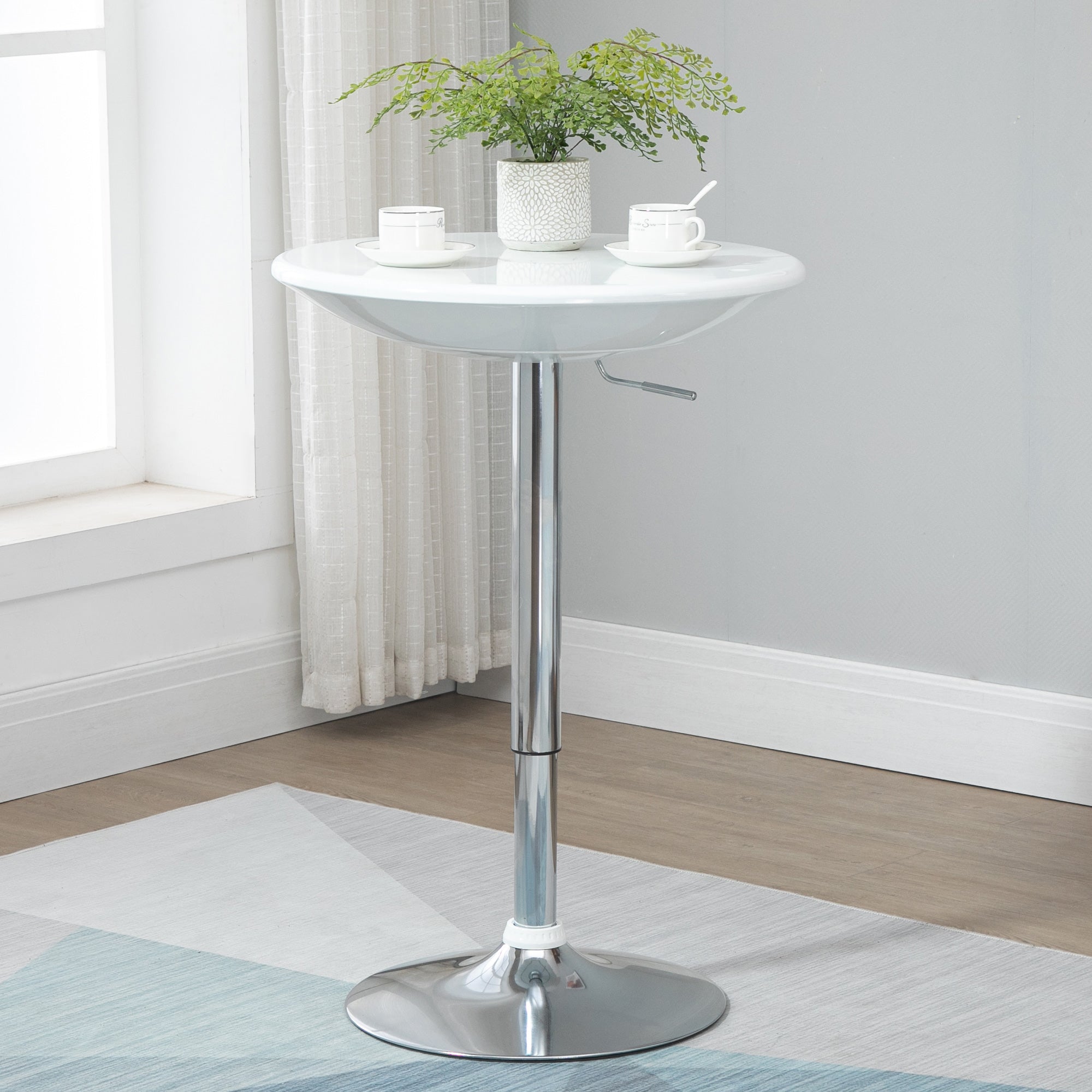 HOMCOM Modern Round Bar Table Adjustable Height Home Pub Bistro Desk Swivel Painted Top with Silver Steel Leg and Base, White