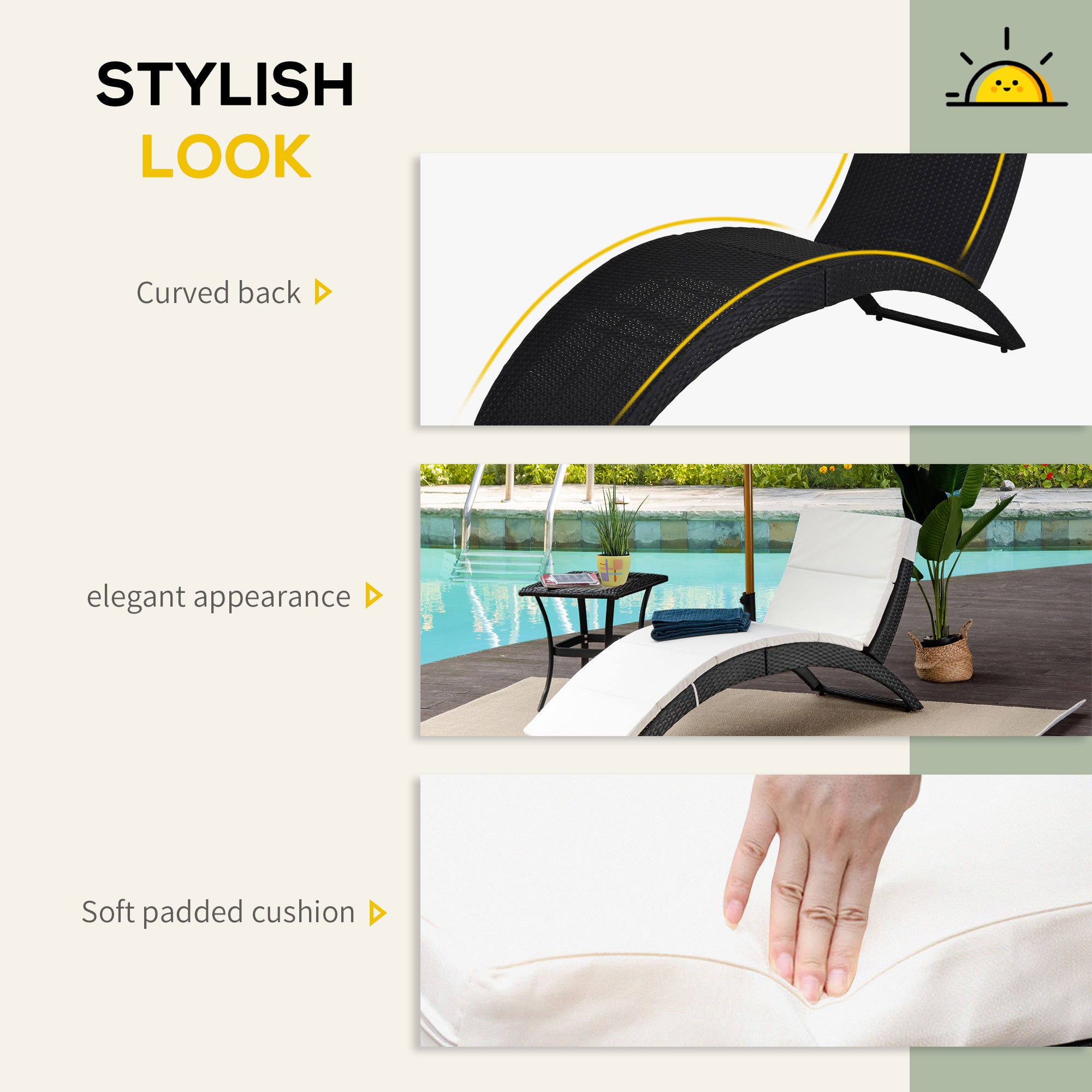 Outsunny Outdoor Foldable PE Rattan Sun Lounger with Soft Padded Cushion, Ergonomic Curved Design Sun Bed for Balcony, Garden, Black - North Peak Garden Furniture