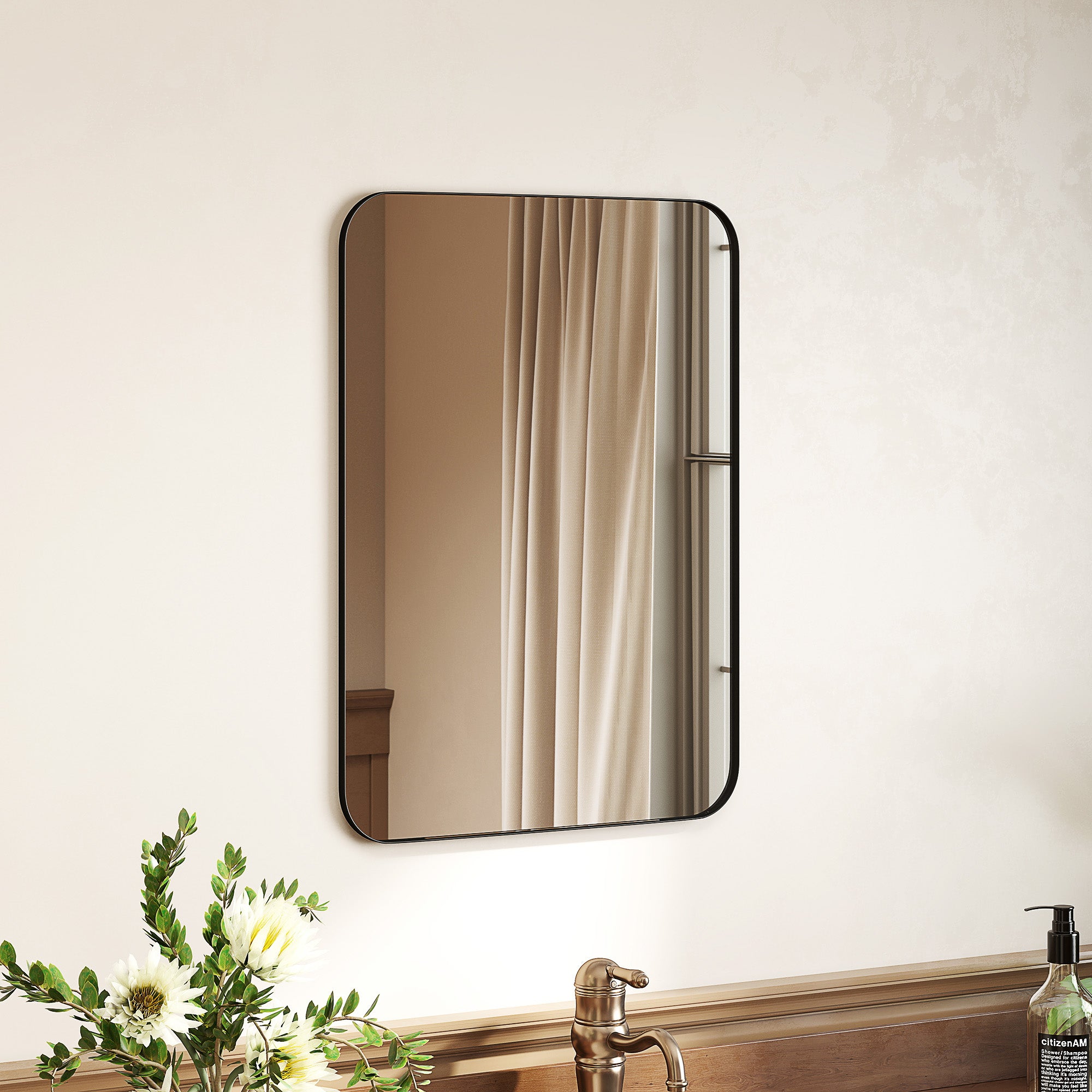 HOMCOM 70 x 50cm Curved Bathroom Mirror - Black - North Peak Garden Furniture