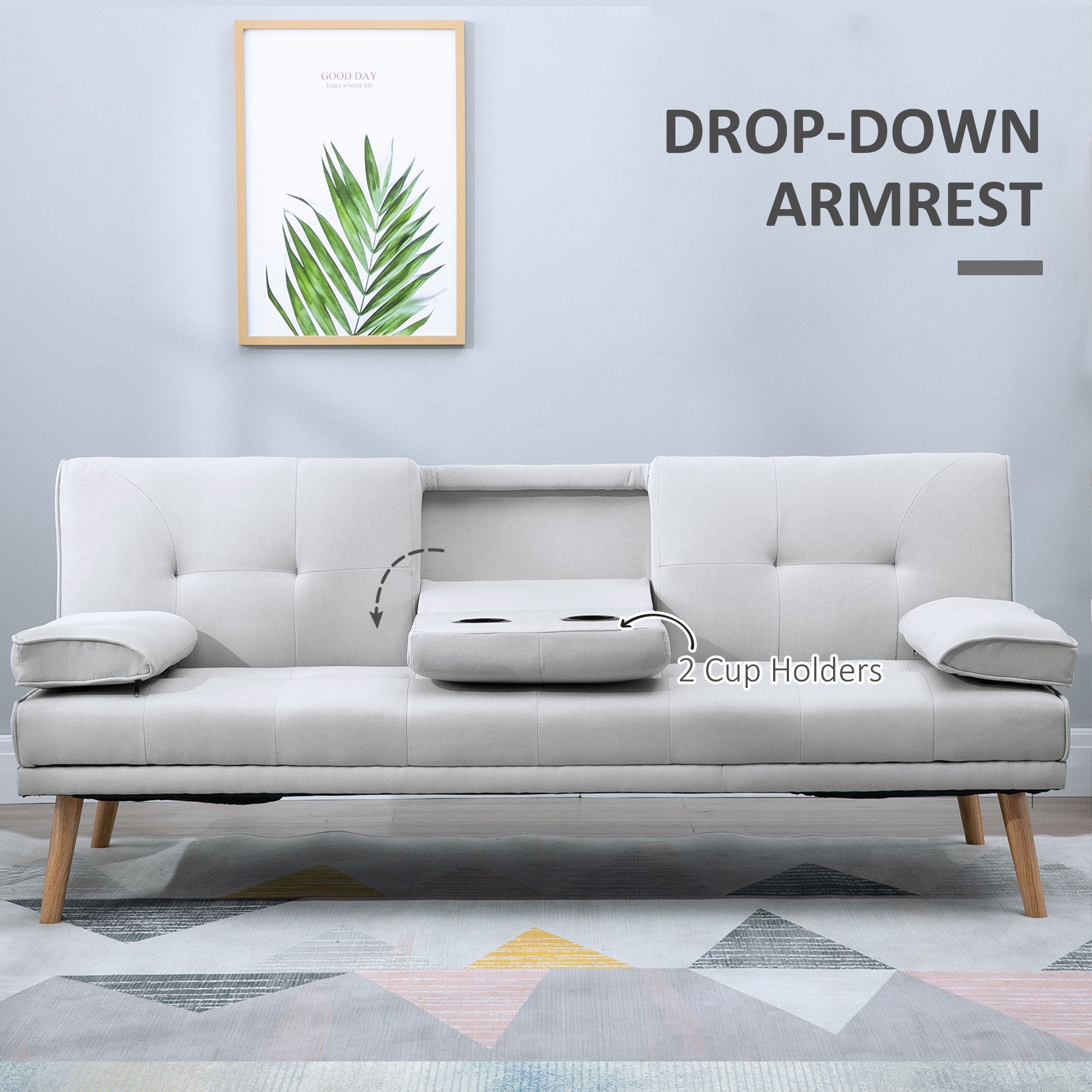 HOMCOM Sofa Bed, Fabric 3-seater Click Clack Sofa Bed with 2 Cup Holders, Convertible Bed Settee, Futon Sofa with Removable Armrest, for Living Room, Spare Room, Bed Room, Guest Room, Grey - North Peak Garden Furniture