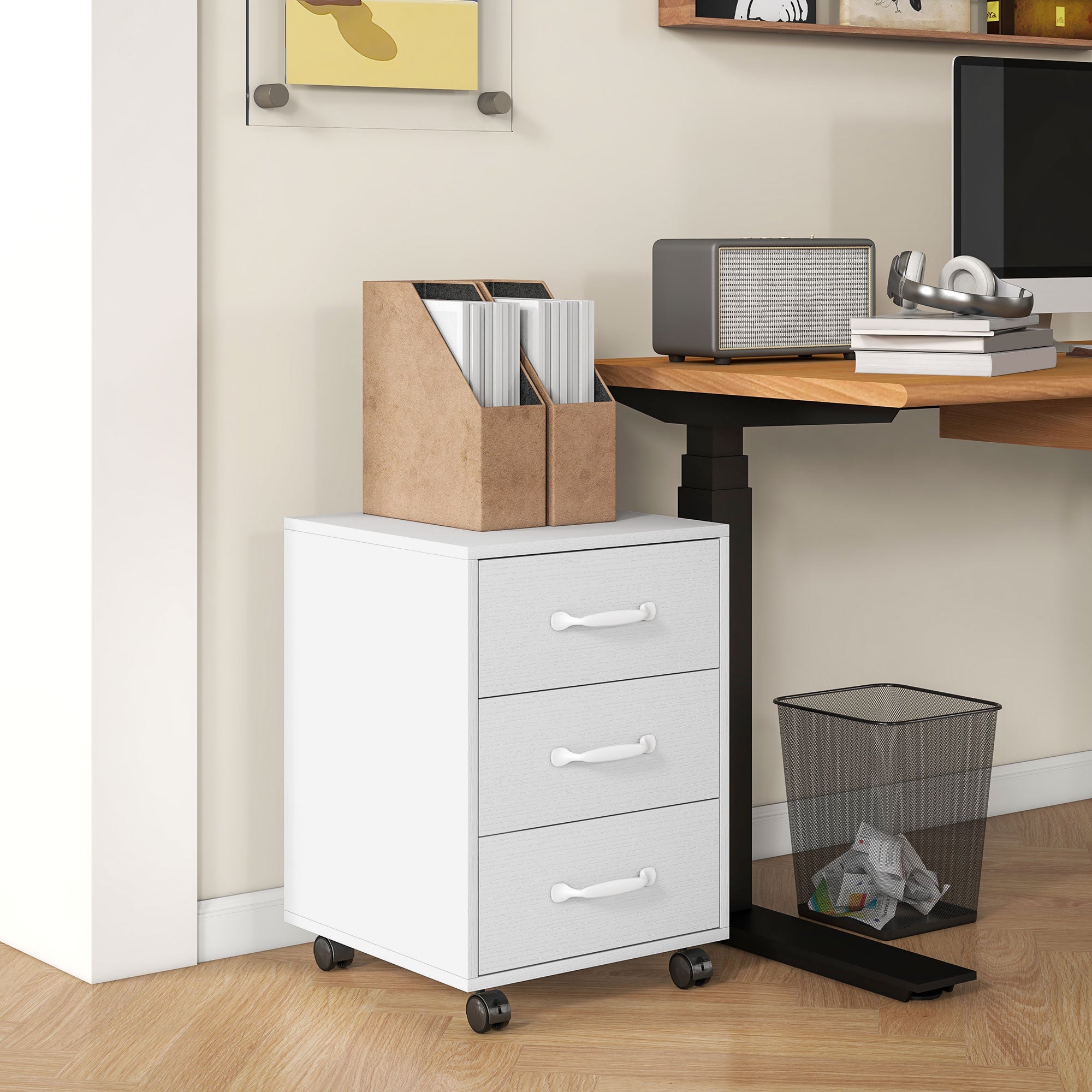 HOMCOM 3 Drawer File Cabinet, Mobile Filing Cabinet on Wheels for Home Office, Study, White - North Peak Garden Furniture