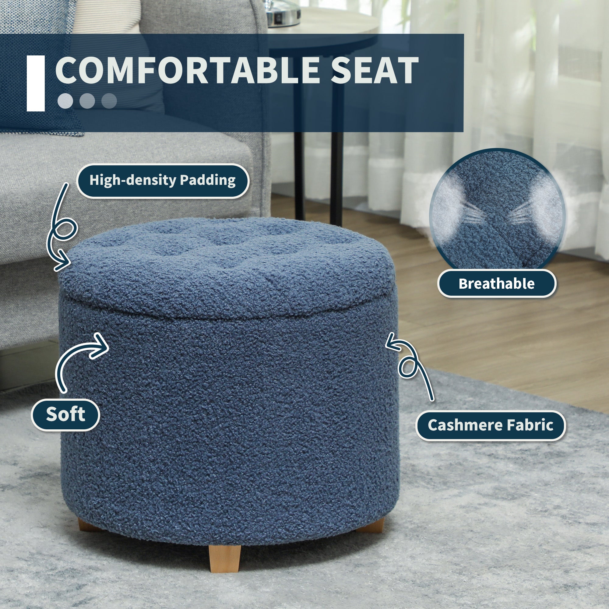 HOMCOM 31.8L Teddy Fleece Storage Ottoman - Blue - North Peak Garden Furniture