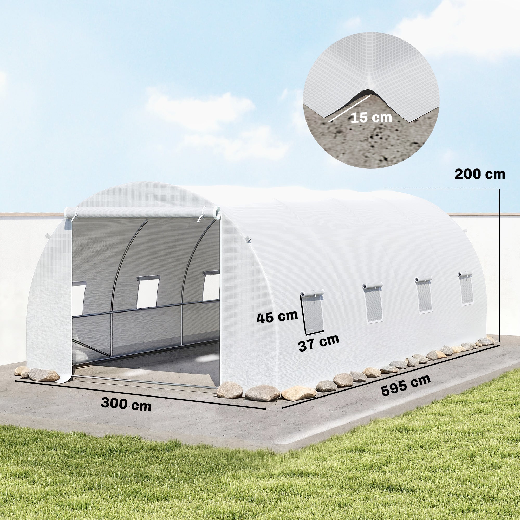 Outsunny 6 x 3 x 2 m Polytunnel Greenhouse, Walk in Polytunnel Tent with Metal Frame, Zippered Door and 8 Windows for Garden and Backyard, White