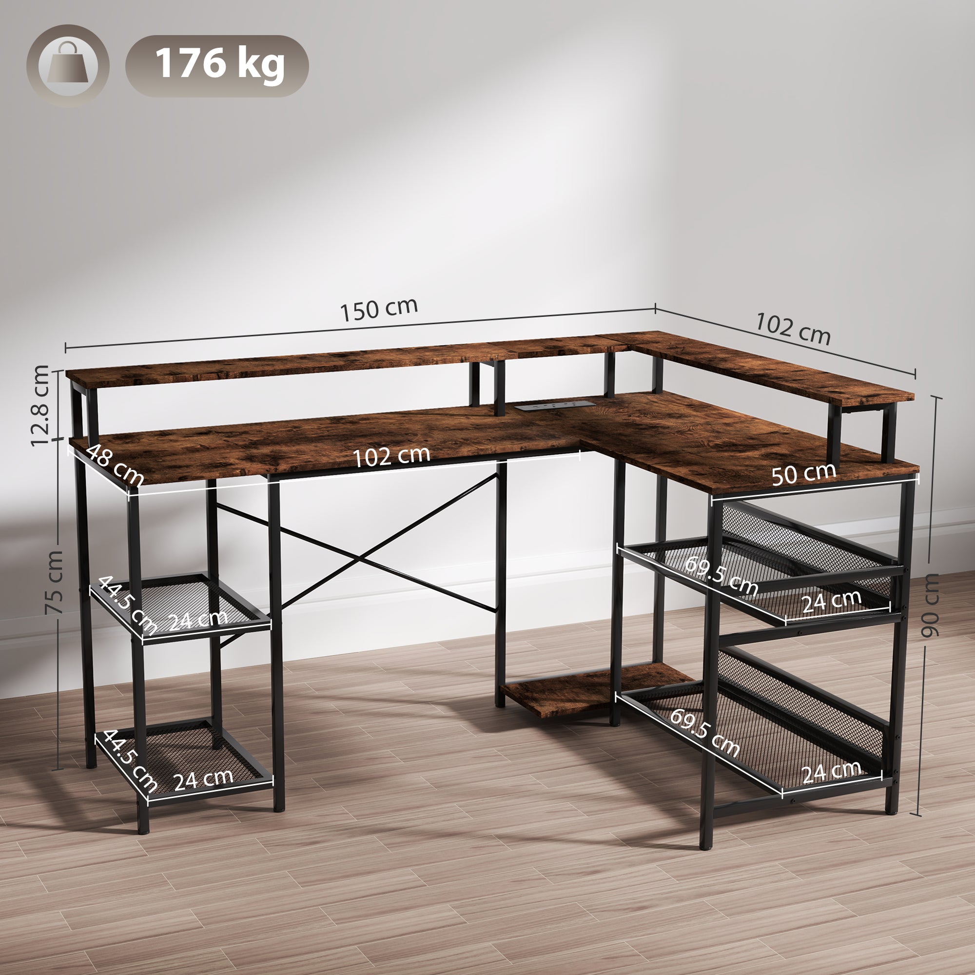 HOMCOM L Shaped Gaming Desk with LED Lights and Power Outlets, 150cm Corner Computer Desk with Monitor Stand and Storage Shelves, Home Office Desk for Small Space, Rustic Brown - North Peak Garden Furniture