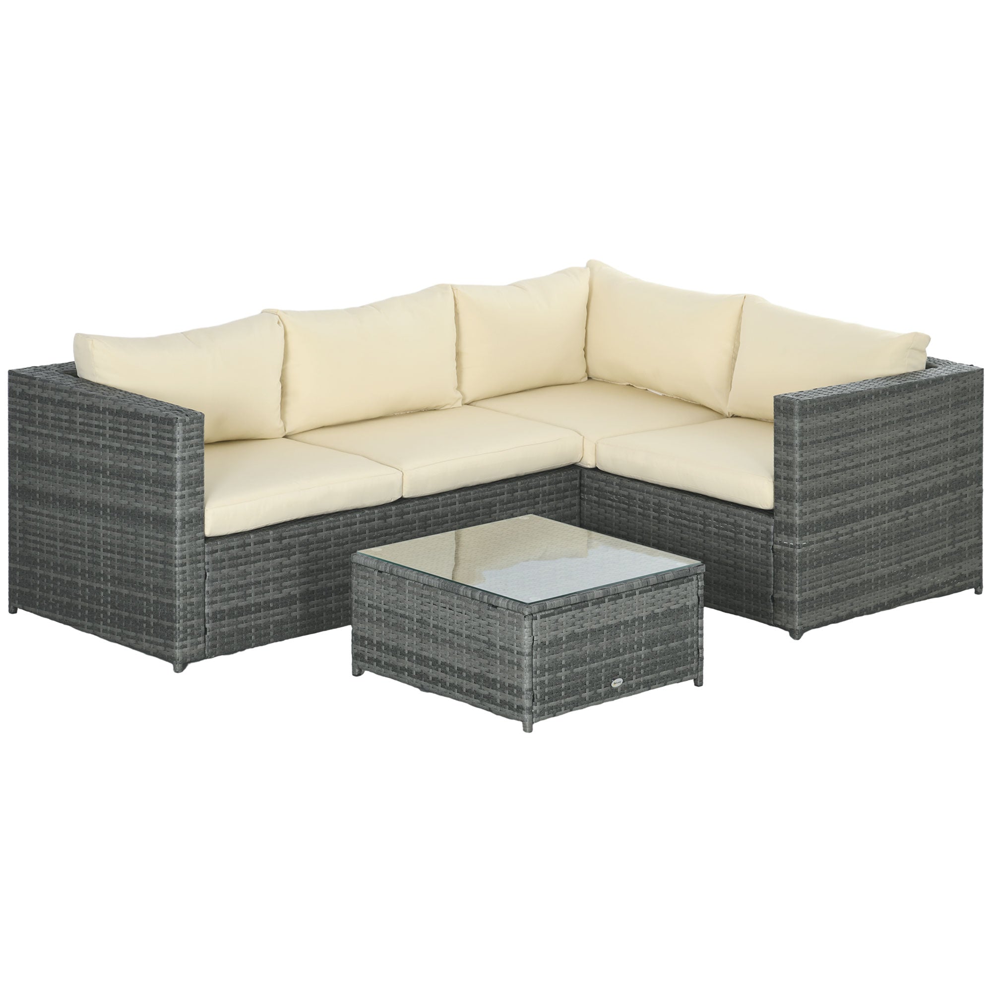 Outsunny 3 Pieces PE Rattan Garden Furniture Set with 10cm Thick Cushions, 4 Seater Outdoor Patio Corner Sofa Set with Glass Top Coffee Table, Beige