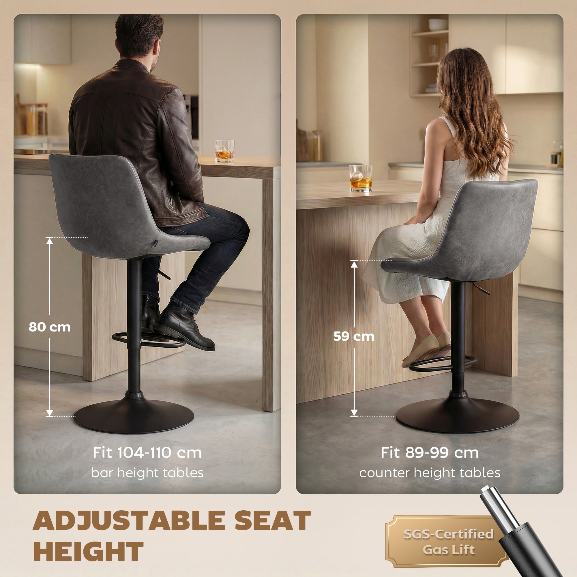 HOMCOM Adjustable Bar Stools Set of 2 Counter Height Barstools Dining Chairs 360° Swivel with Footrest for Home Pub, Grey