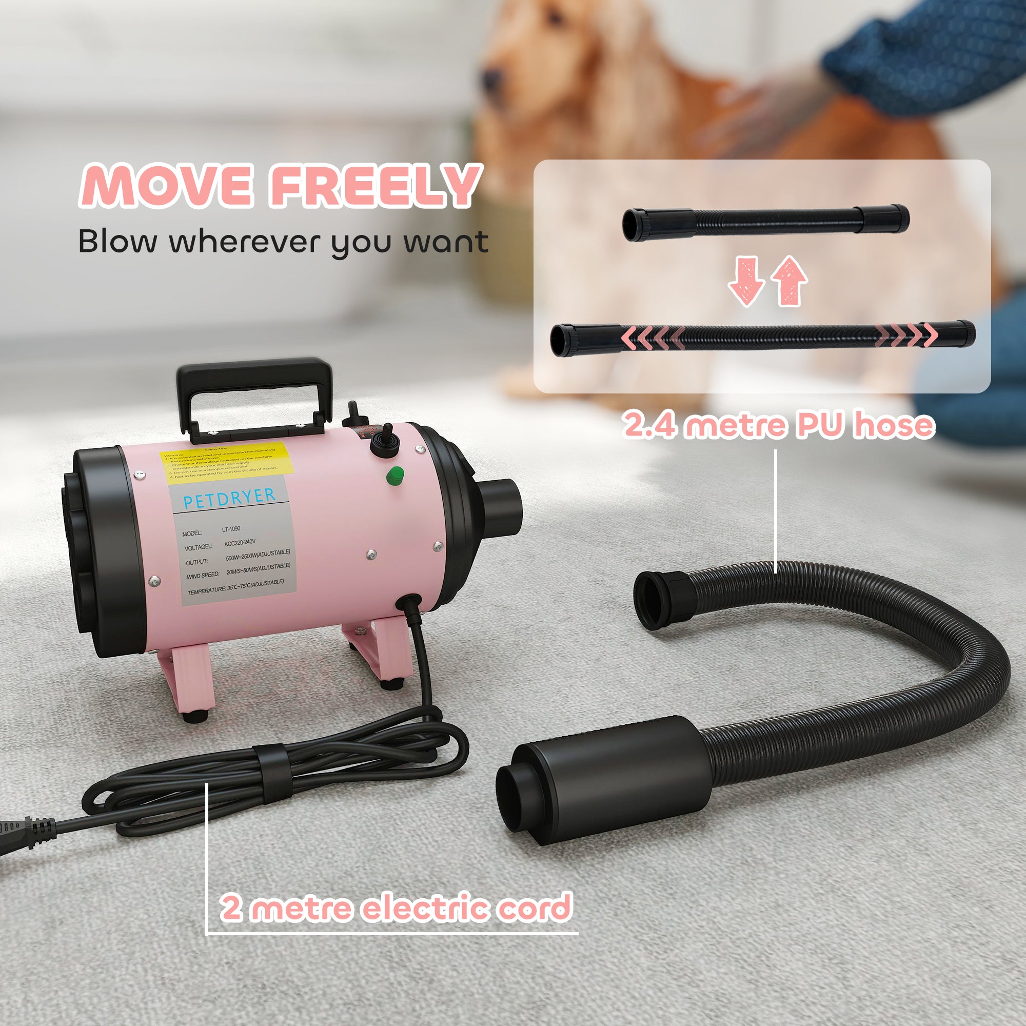 PawHut 2200W Dog Hair Dryer with Adjustable Temperature & Velocity, 3 Different Nozzles, Pink - North Peak Garden Furniture