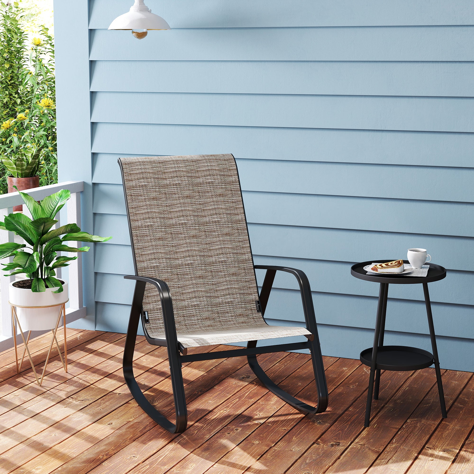 Outsunny Garden Rocking Chair, Ergonomic Outdoor Rocking Chair with Armrests, High Backrest, Steel Frame Relaxing Rocker Armchair Seat for Patio, Balcony, Porch, Light Brown - North Peak Garden Furniture
