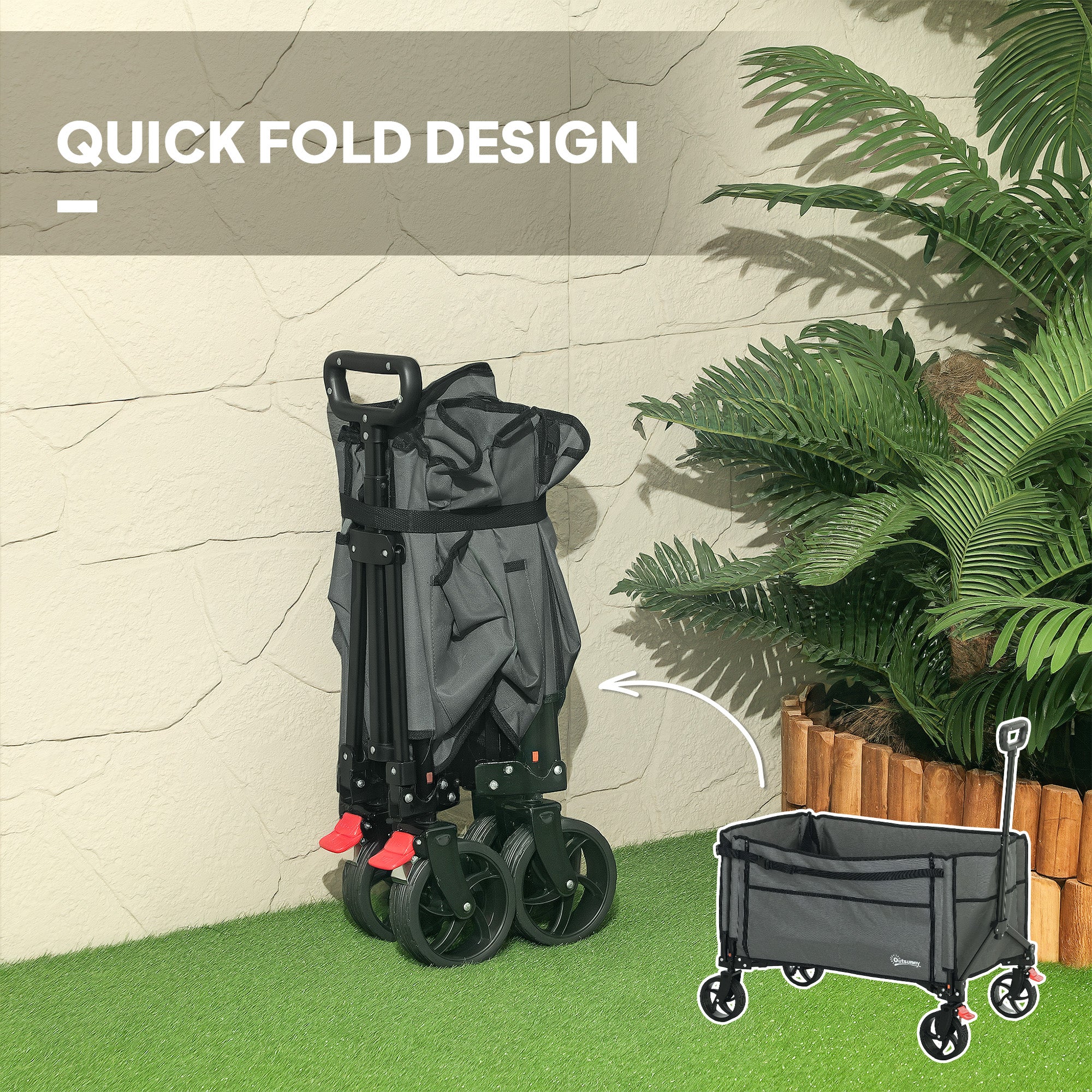 Outsunny Folding Trolley on Wheels, 150L Collapsible Wagon Festival Trolley Cart with Openable Sides, Adjustable Handle and Brakes for Shopping Camping Beach and Garden, Grey - North Peak Garden Furniture