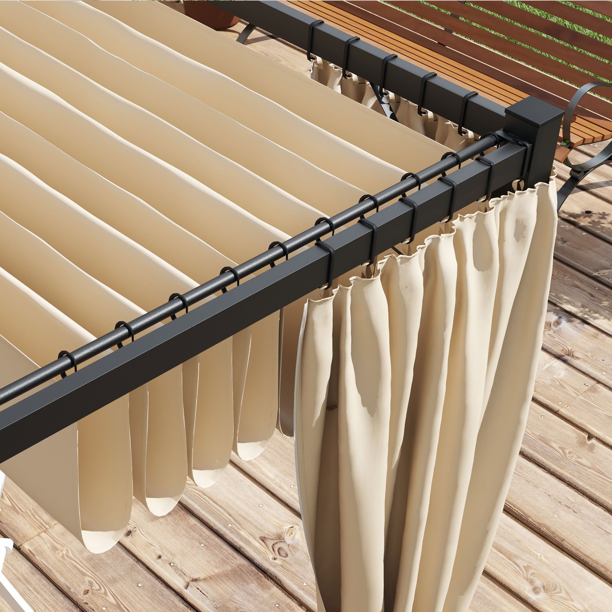 Outsunny 3 x 3(m) Retractable Pergola, Garden Gazebo Shelter with Curtains, for Grill, Patio, Deck, Beige - North Peak Garden Furniture
