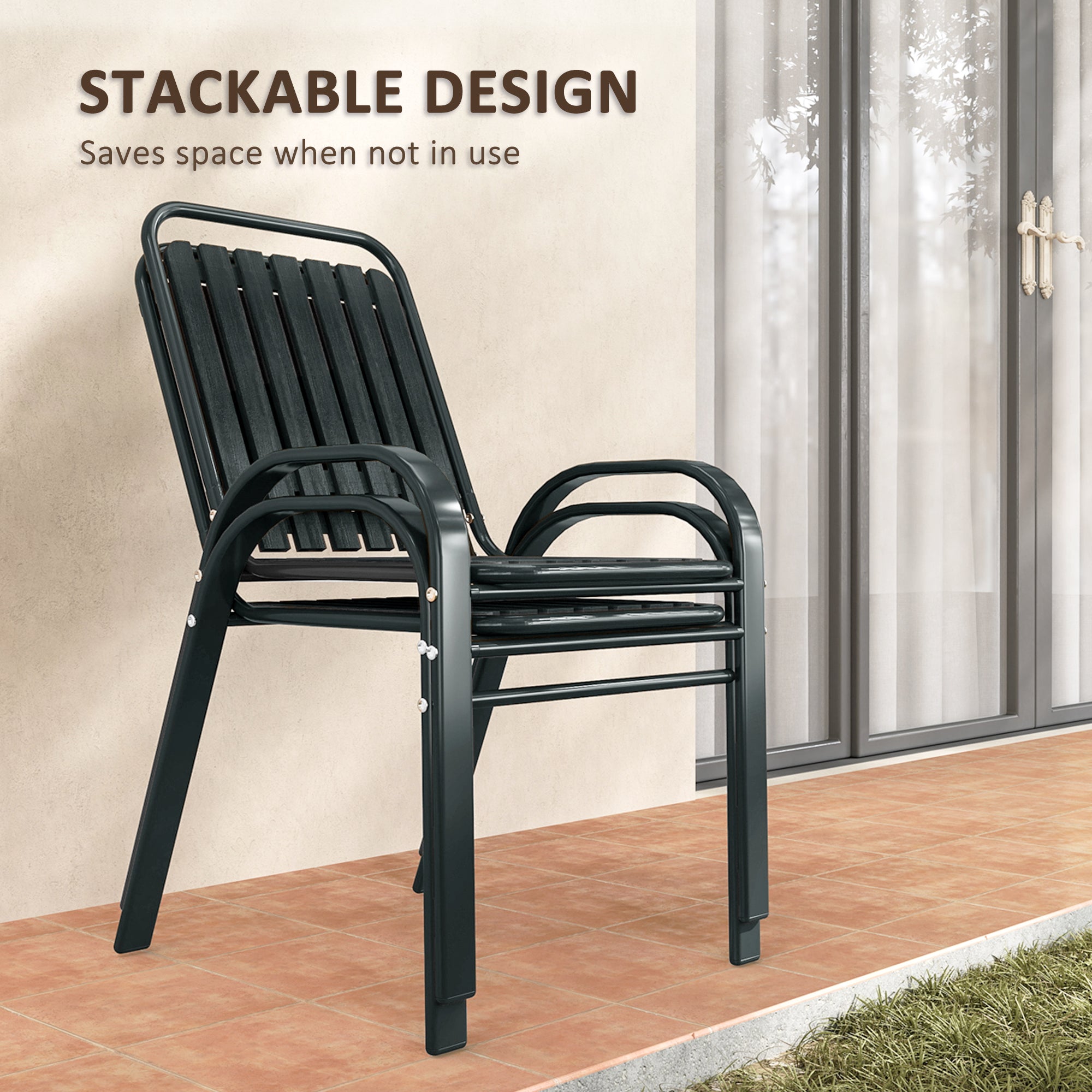 Outsunny 3 Pieces Patio Bistro Set with Stackable Chairs, Tempered Glass Table, for Outdoor, Balcony, Patio, Garden Charcoal Grey - North Peak Garden Furniture