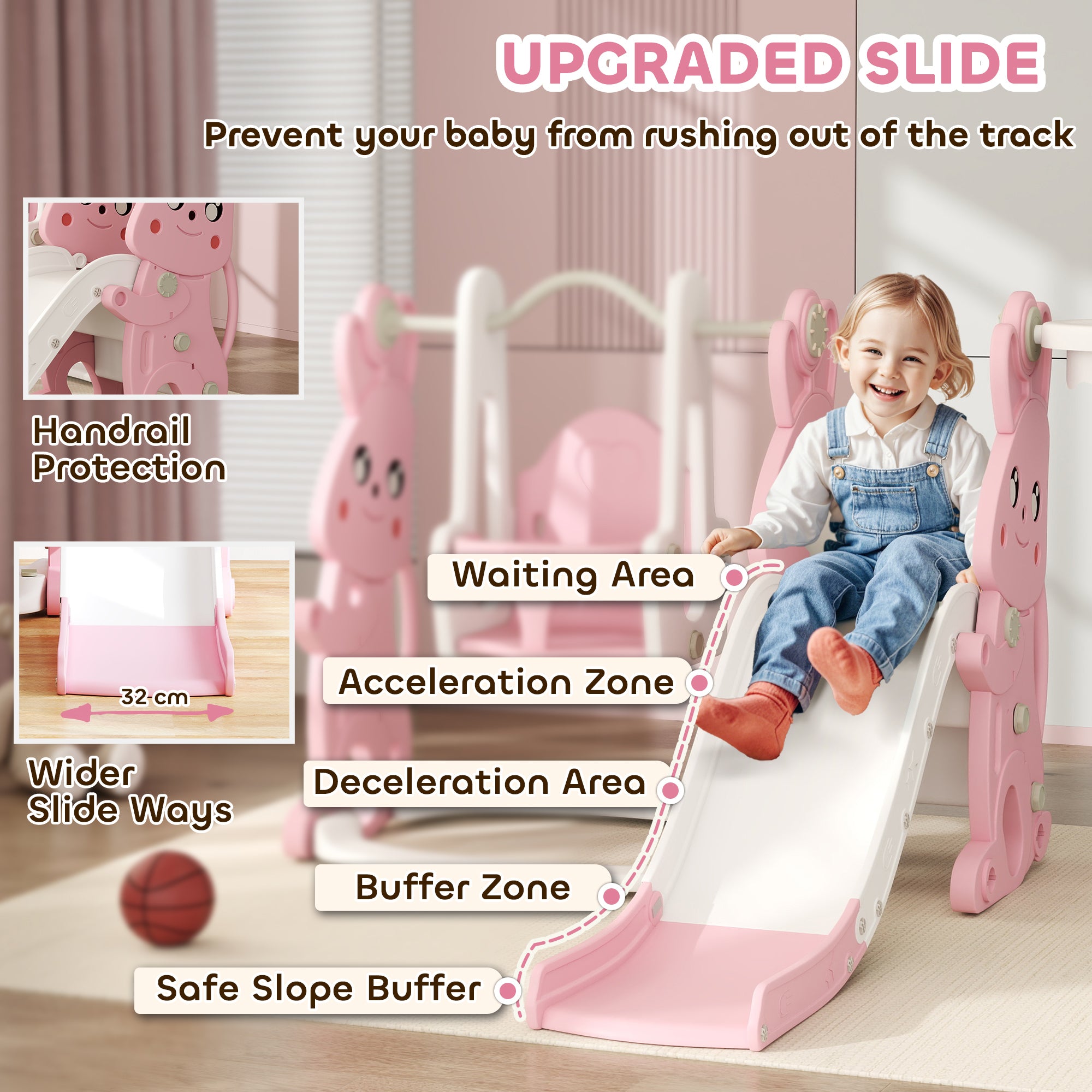 AIYAPLAY 4 in 1 Kids Slide and Swing Set with Climber, Basketball Hoop, Rabbit-Themed, Pink - North Peak Garden Furniture