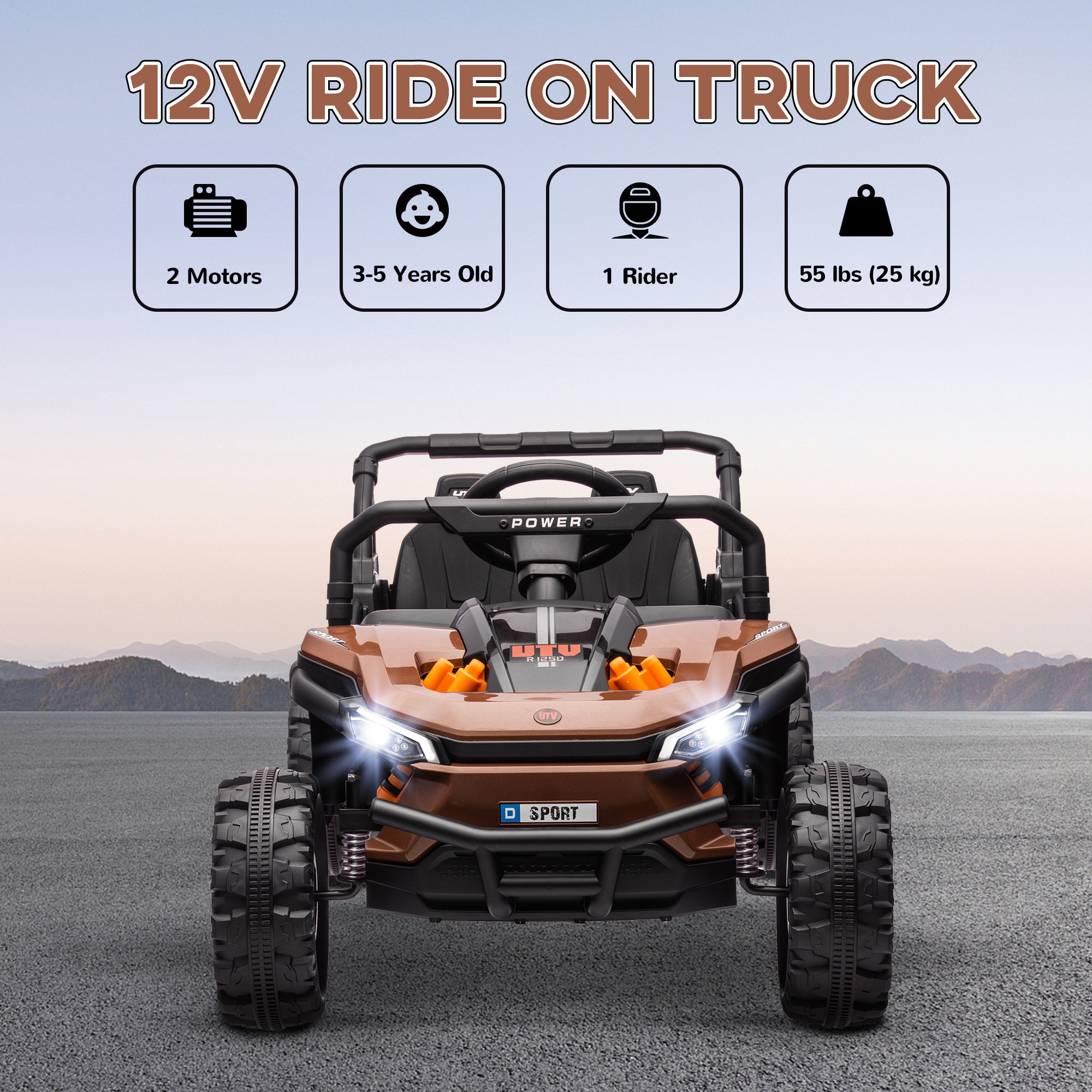 AIYAPLAY 12V Battery Powered Ride on Truck w/ Remote, 4 Suspension Wheels, Horn Lights Music USB, for 3-5 Years Old - Brown - North Peak Garden Furniture
