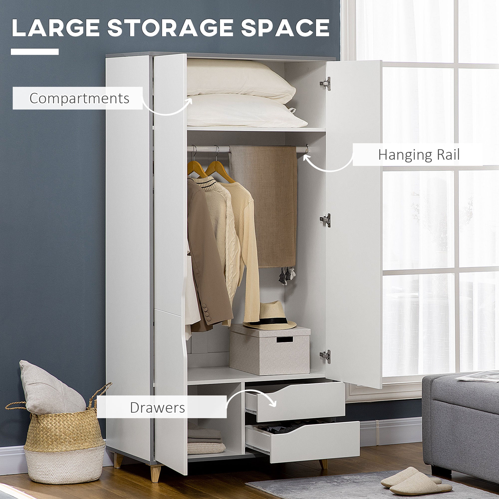 HOMCOM Wardrobe with 2 Doors, 2 Drawers, Hanging Rail, Shelves for Bedroom Clothes Storage Organiser, 89x50x185cm, White - North Peak Garden Furniture