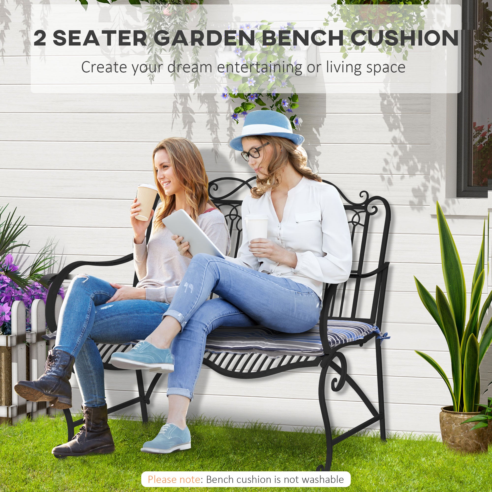 Outsunny Outdoor Bench Swing Chair Cushion Seat Pad Mat Replacement for 2-3 Seater, Garden Patio, 120L x 50W x 5T cm, Blue Stripes