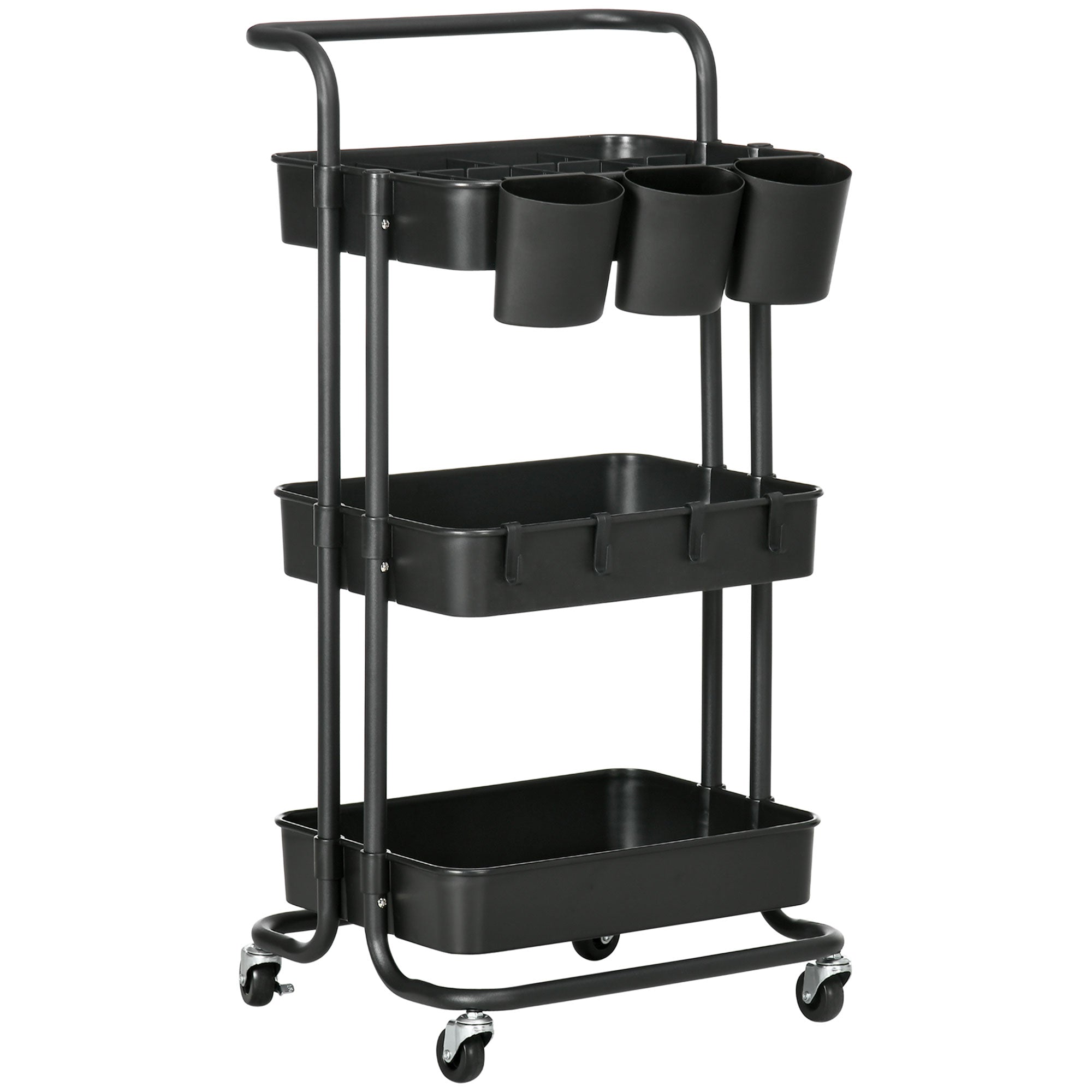 HOMCOM 3 Tier Utility Rolling Cart, Kitchen Cart with 3 Removable Mesh Baskets, 3 Hanging Box, 4 Hooks and Dividers for Living Room, Laundry, Garage, Black