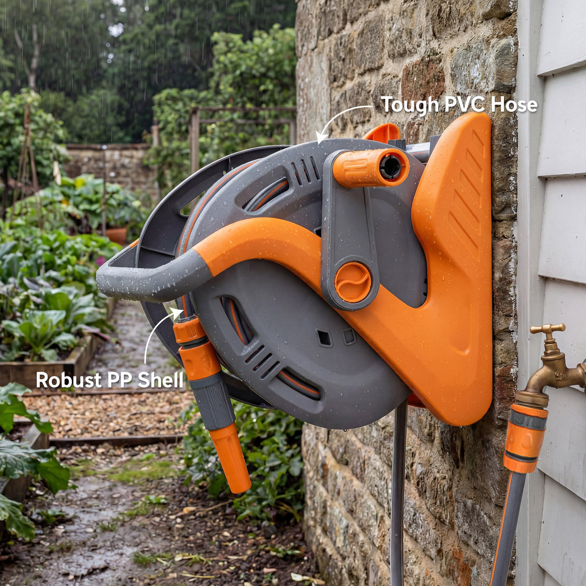 Outsunny Portable Garden Hose Reel, 20+2 m Wall Mounted Hose Reel with 2 Patterns Spray Nozzle and Crank Handle, Orange