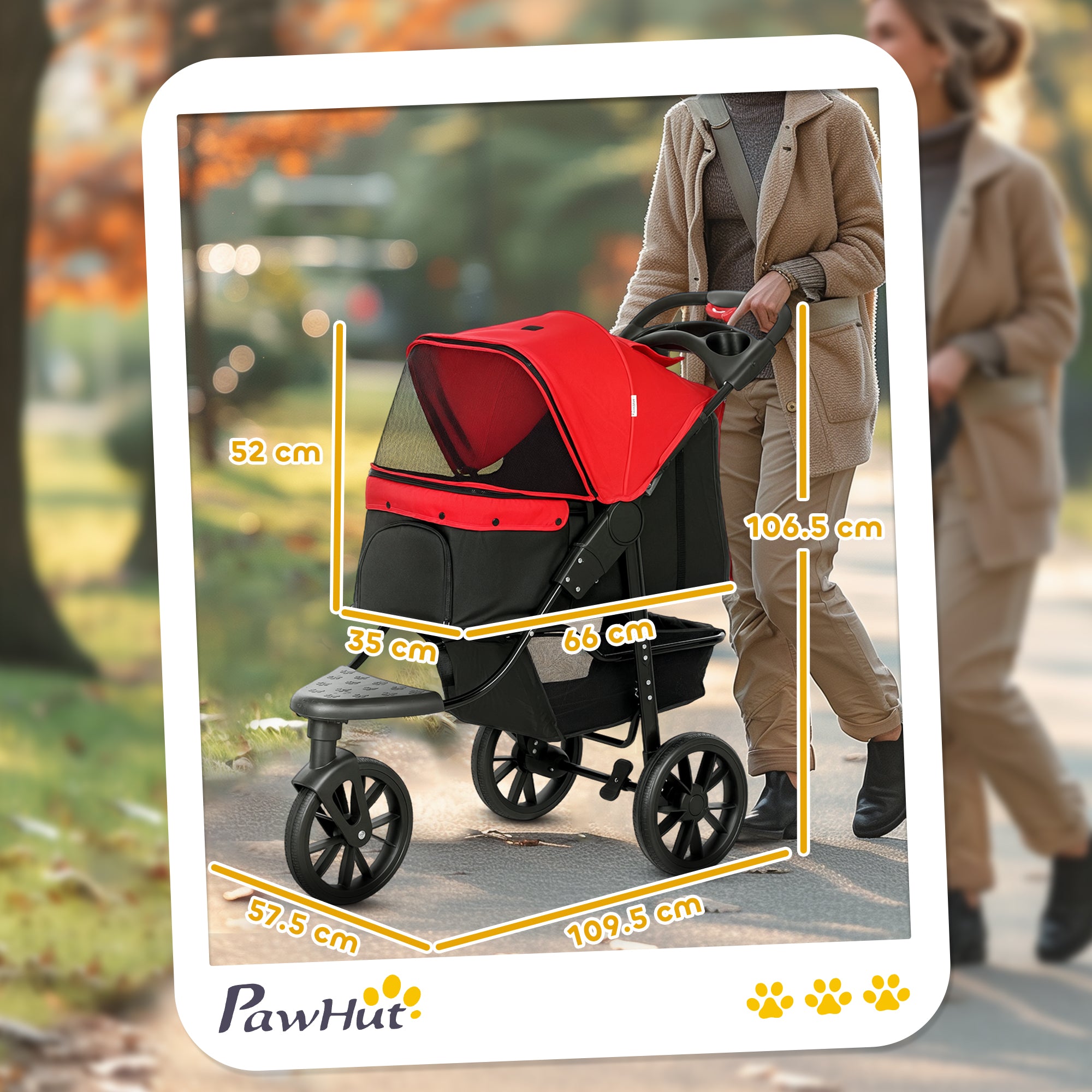 PawHut Dog Pram Dog Stroller Pet Stroller, 3 Wheels Dog Pushchair with Brake, for Small Miniature Dogs, Cats, Red