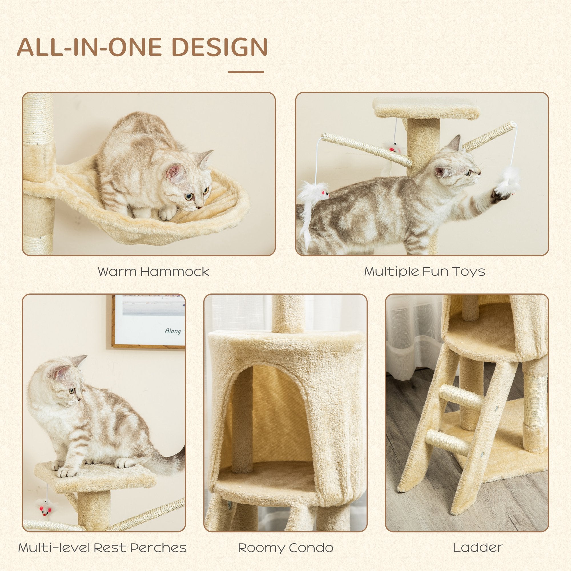 PawHut Cat Tree for Indoor Cats 135cm Cat Tower Scratching Post Kitty Scratcher Climbing Tower with Ladder, Beige - North Peak Garden Furniture