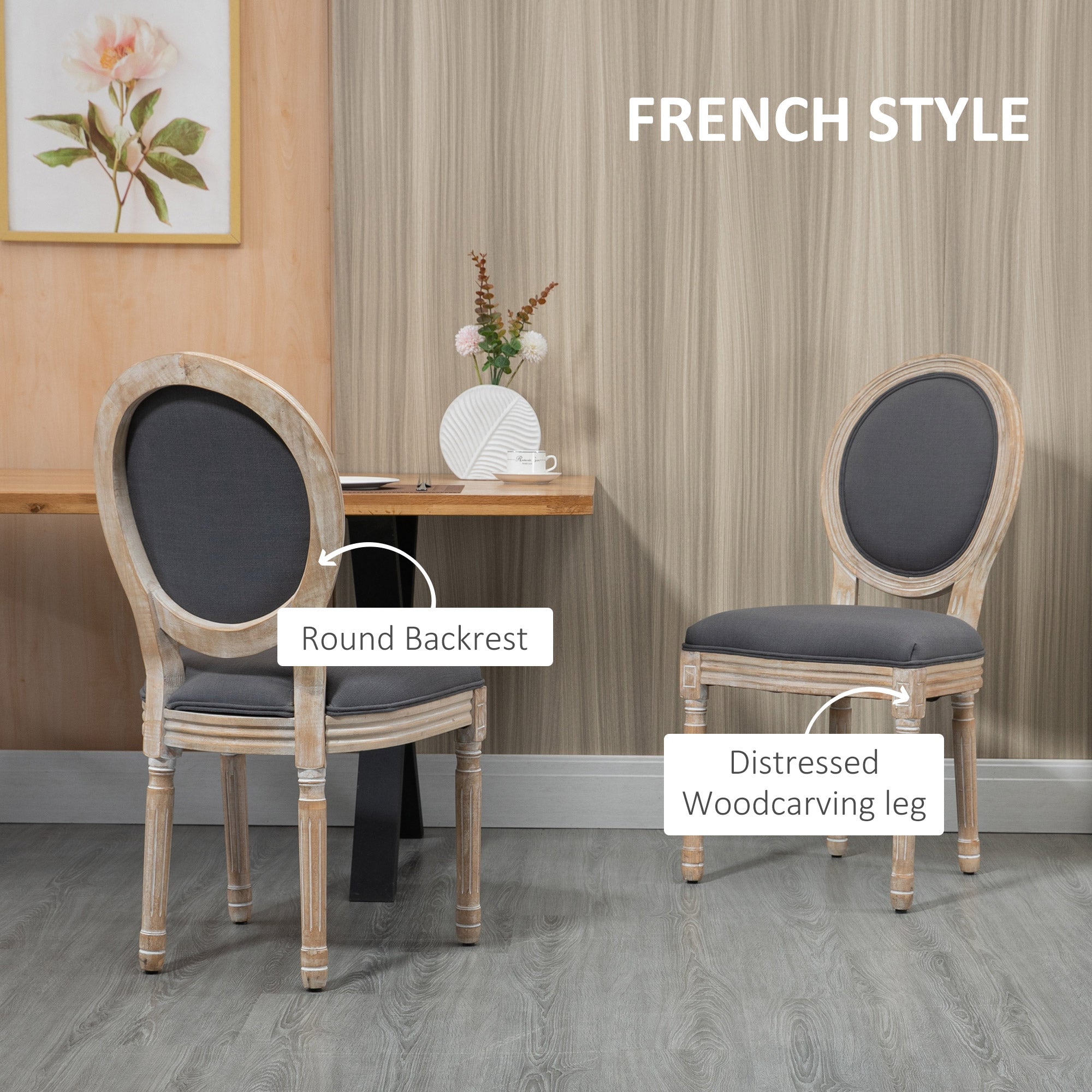 HOMCOM Set of Two French-Inspired Wooden Dining Chairs - Grey - North Peak Garden Furniture