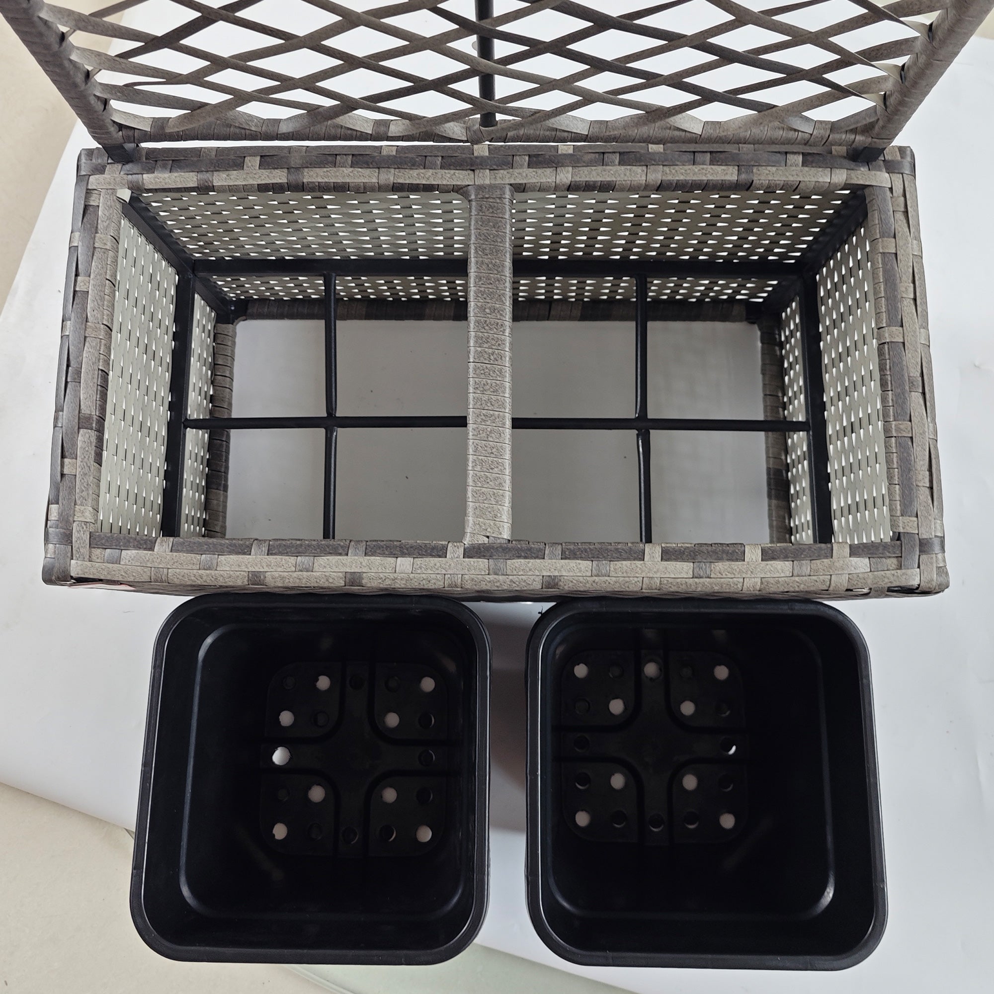 Outsunny 22L Garden PE Rattan Planter with Trellis, Free Standing Flower Raised Bed with Two Plant Boxes for Garden, Garden Planter for Climbing Plants, 57cm x 30cm x 107cm, Mixed Grey - North Peak Garden Furniture