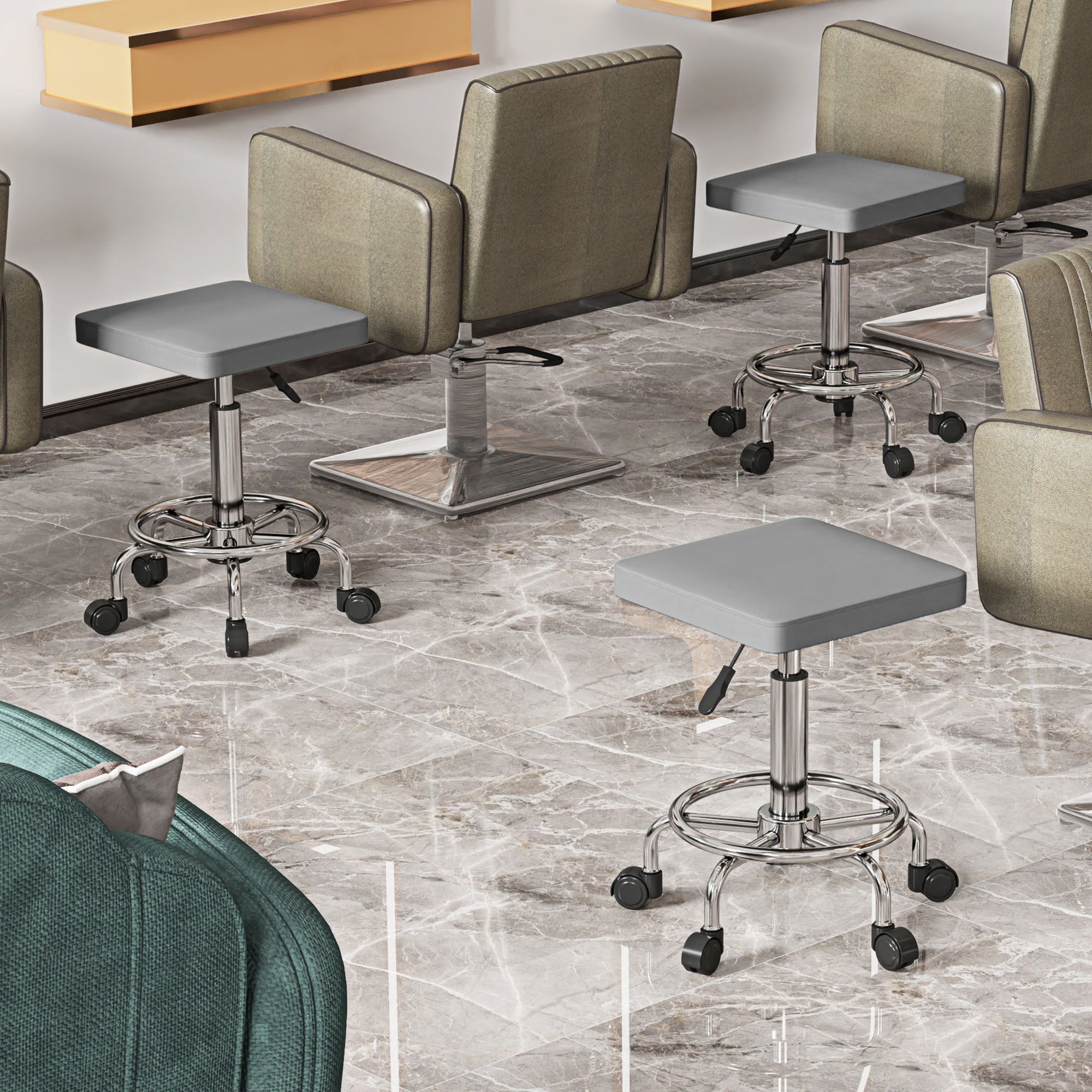 HOMCOM Adjustable PU Leather Rolling Stool - Grey - North Peak Garden Furniture