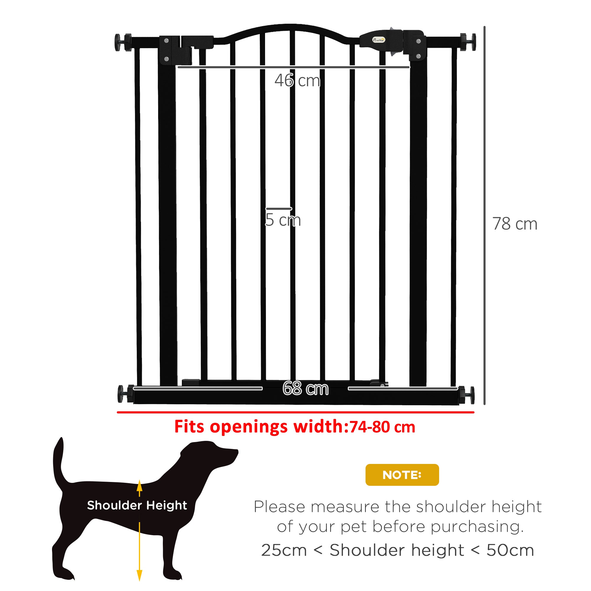 PawHut Metal 74-80cm Adjustable Pet Gate Safety Barrier w/ Auto-Close Door Black - North Peak Garden Furniture