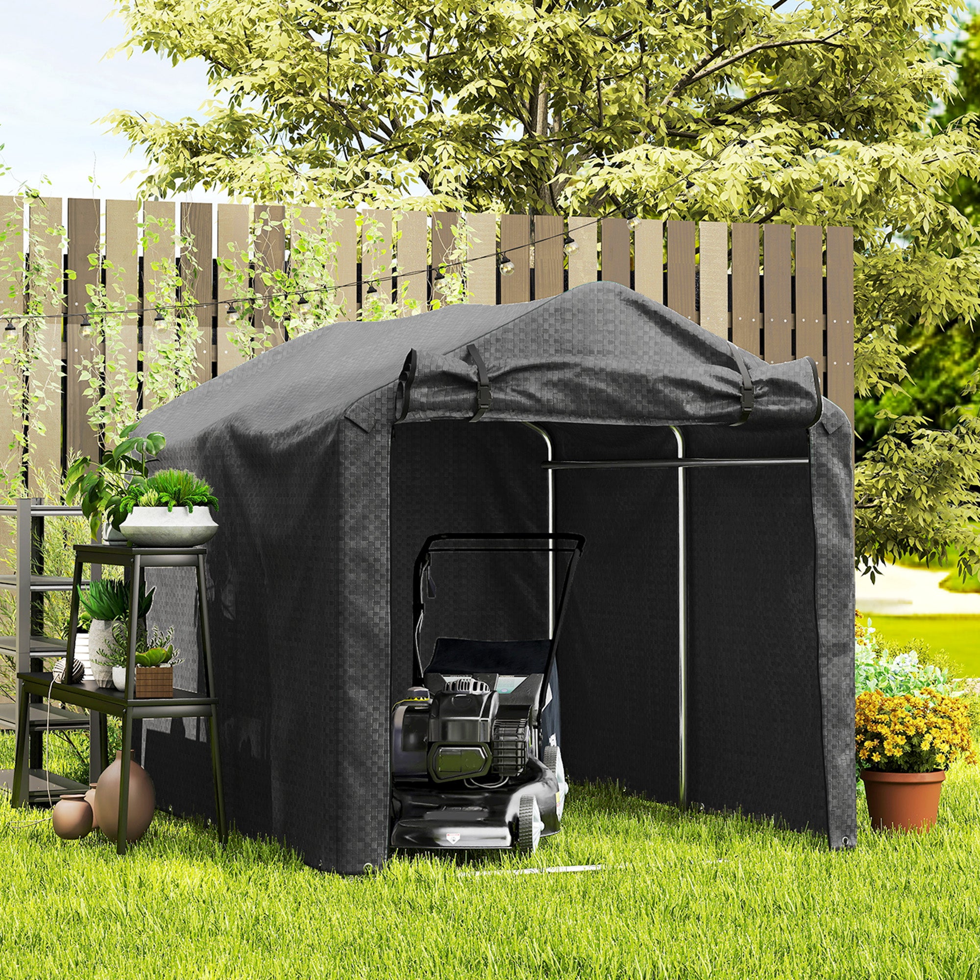 Outsunny 2.2 x 1.6 m Garden Storage Tent, Waterproof Anti-UV Bike Tent with Roll-up Zipper Door, Galvanised Outdoor Storage Shelter Carport for Bike, Motorbike, Garden Tools, Black