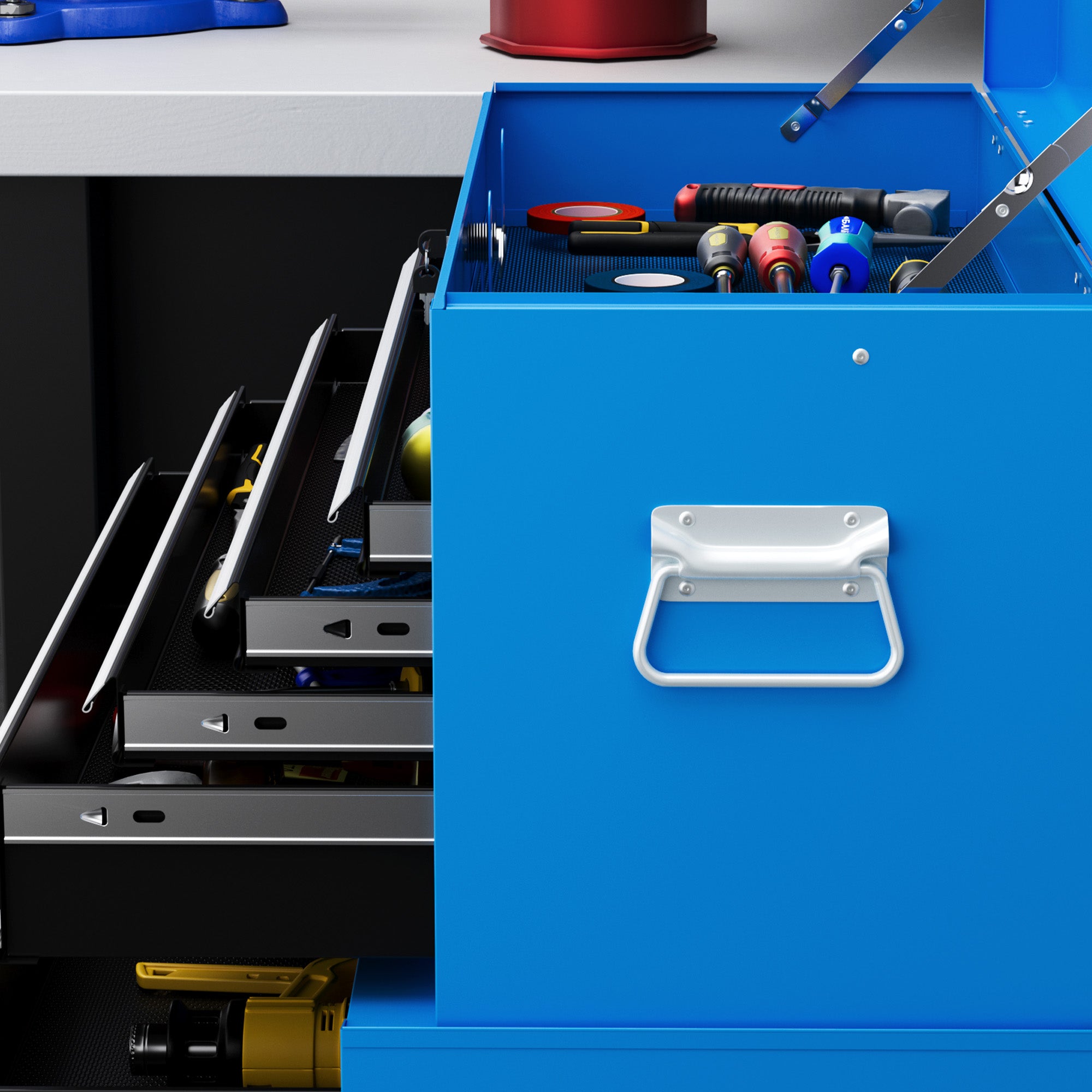 HOMCOM Portable Tool Box, Metal Tool Chest on Wheels with 6 Drawers for Garage and Workshop, Blue - North Peak Garden Furniture