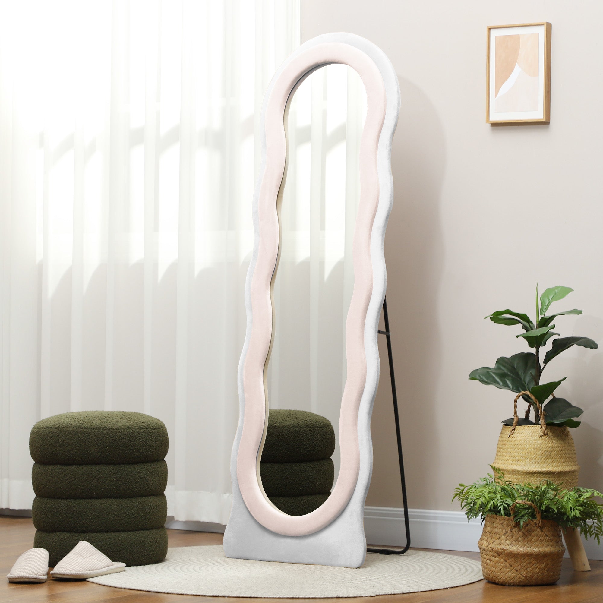 HOMCOM Wavy Velvet-Feel Full Length Mirror - Pink - North Peak Garden Furniture