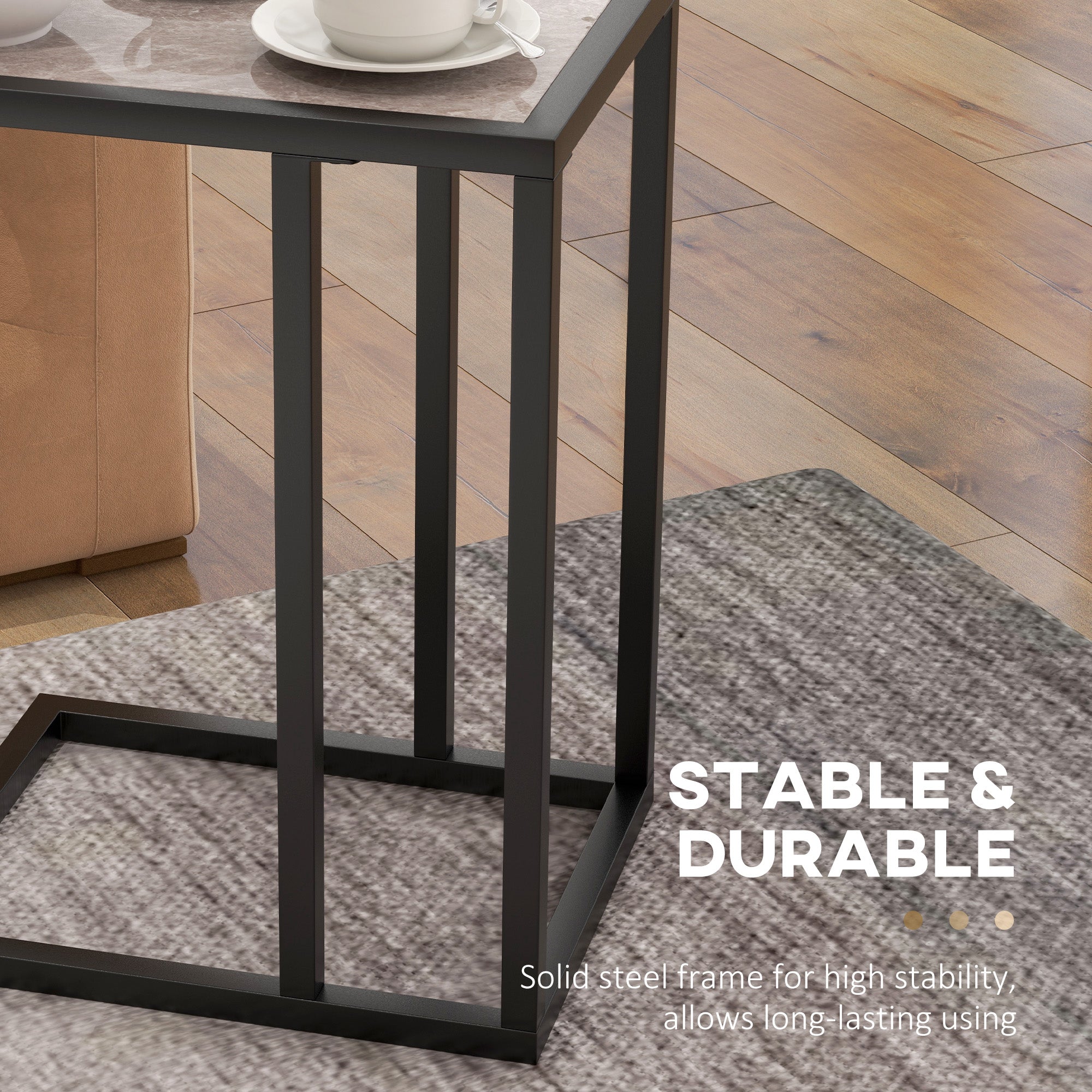 HOMCOM C Shape Bedside Table w/Metal Frame Marble-Effect Top Sofa Narrow Snack End Table for Living Room, Grey - North Peak Garden Furniture
