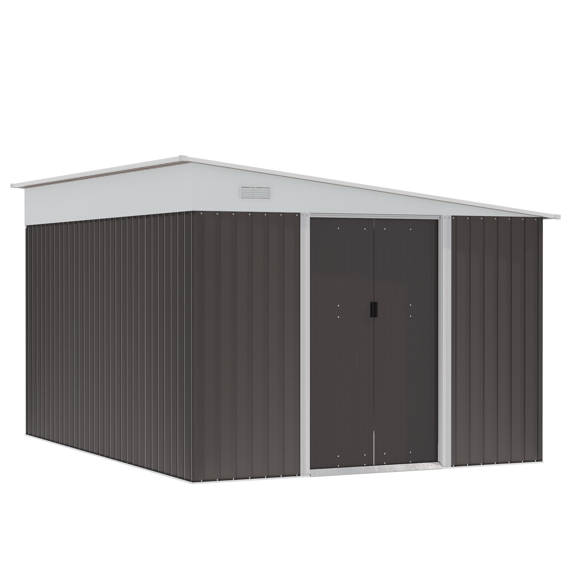 Outsunny 11.3 x 9.2ft Lean to Metal Garden Shed, Outdoor Galvanised Tool Storage House with Double Sliding Doors and 2 Air Vents, Grey