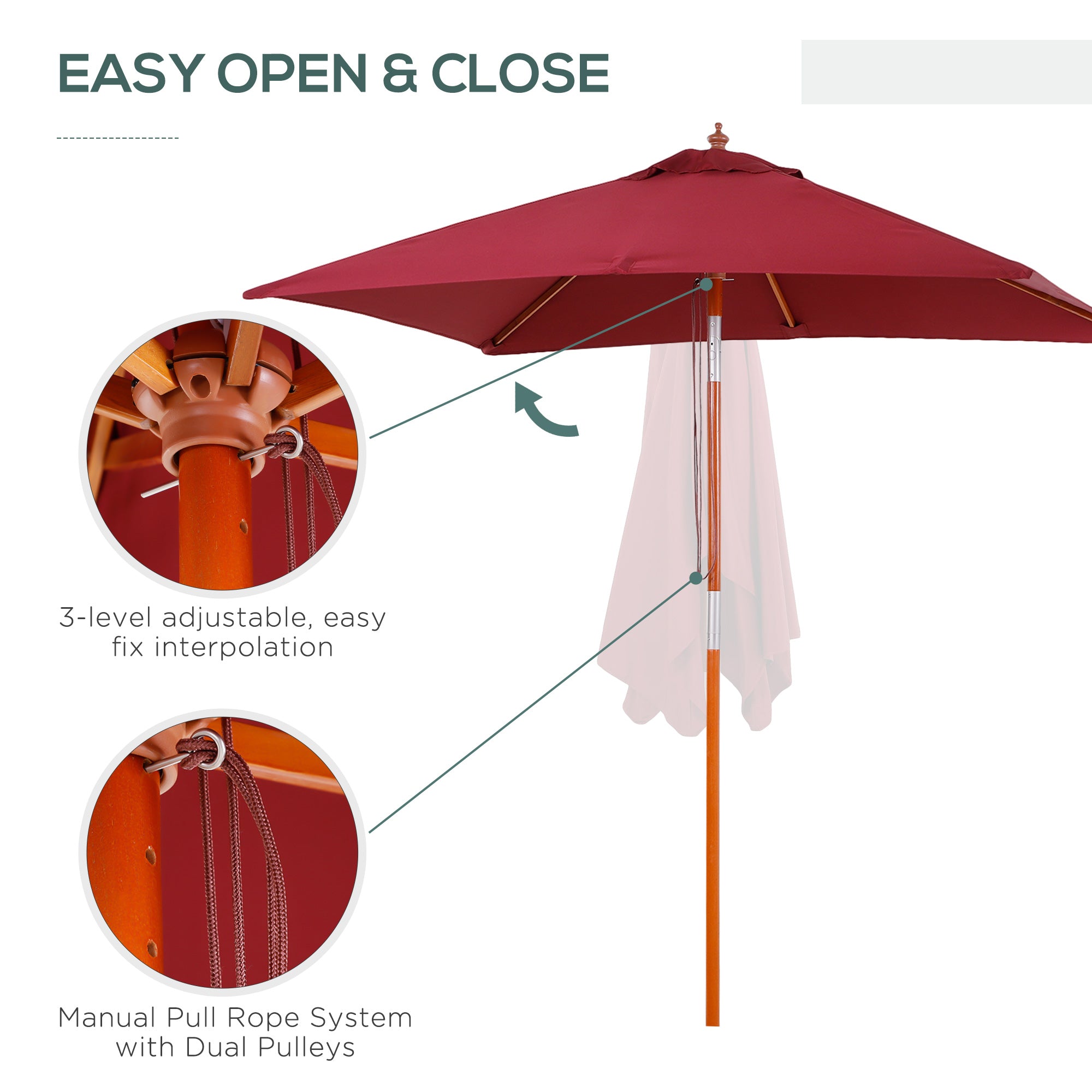Outsunny 2m x 1.5m Garden Parasol Umbrella with Tilting Sunshade Canopy, Outdoor Market Table Umbrella with Wood and Bamboo Frame, Wine Red - North Peak Garden Furniture