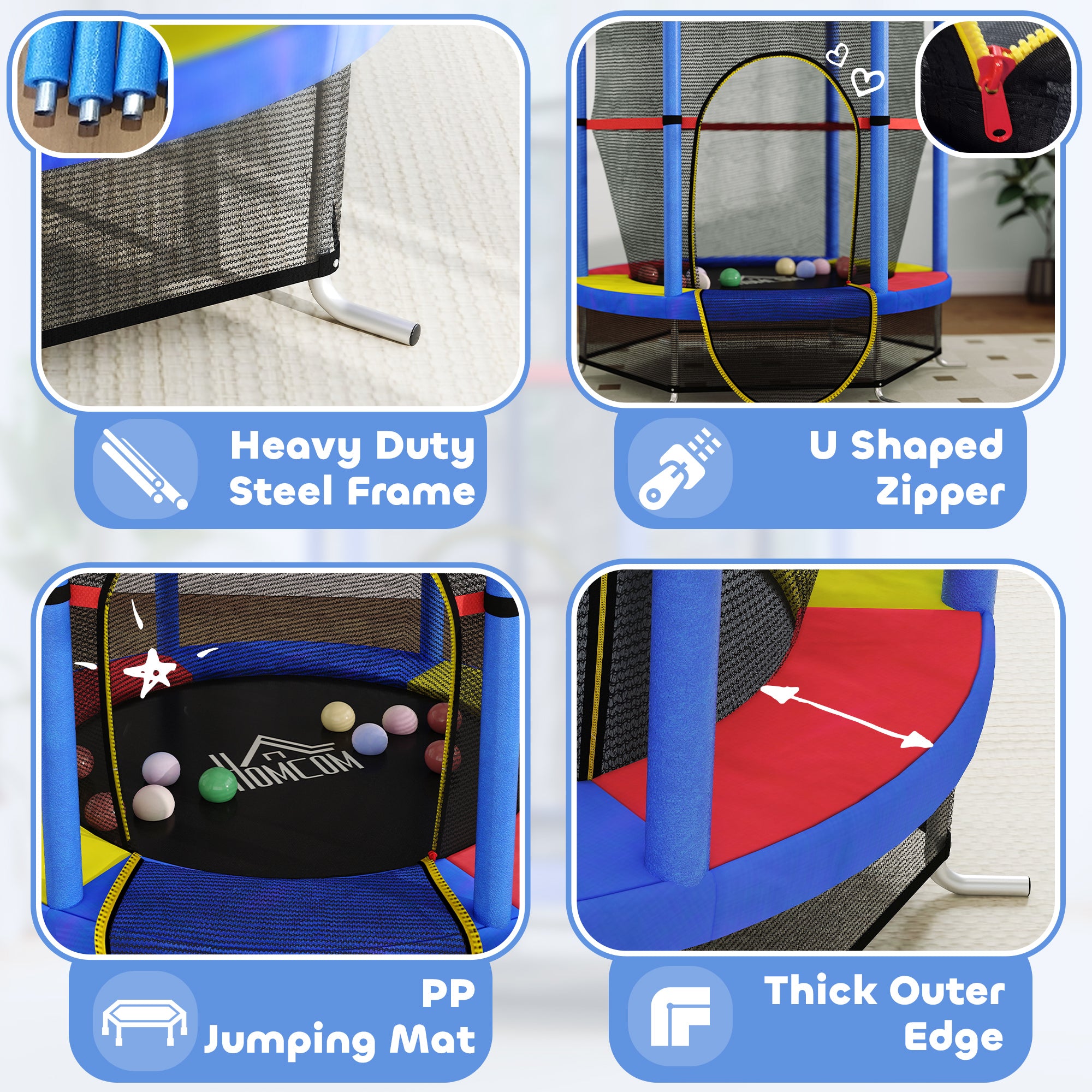 HOMCOM Kids Trampoline, with Enclosure Net, Steel Frame, for Ages 3-6 Years - MultiColoured - North Peak Garden Furniture