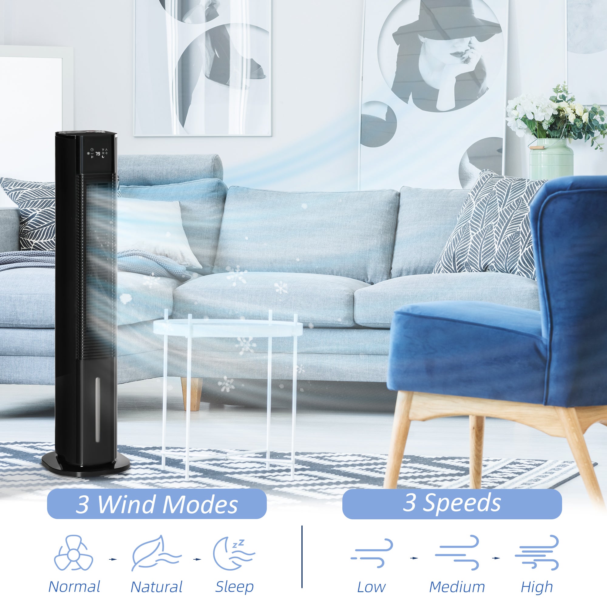 HOMCOM Nine Setting Tower Fan Humidifier, with Ice Boxes - Black - North Peak Garden Furniture