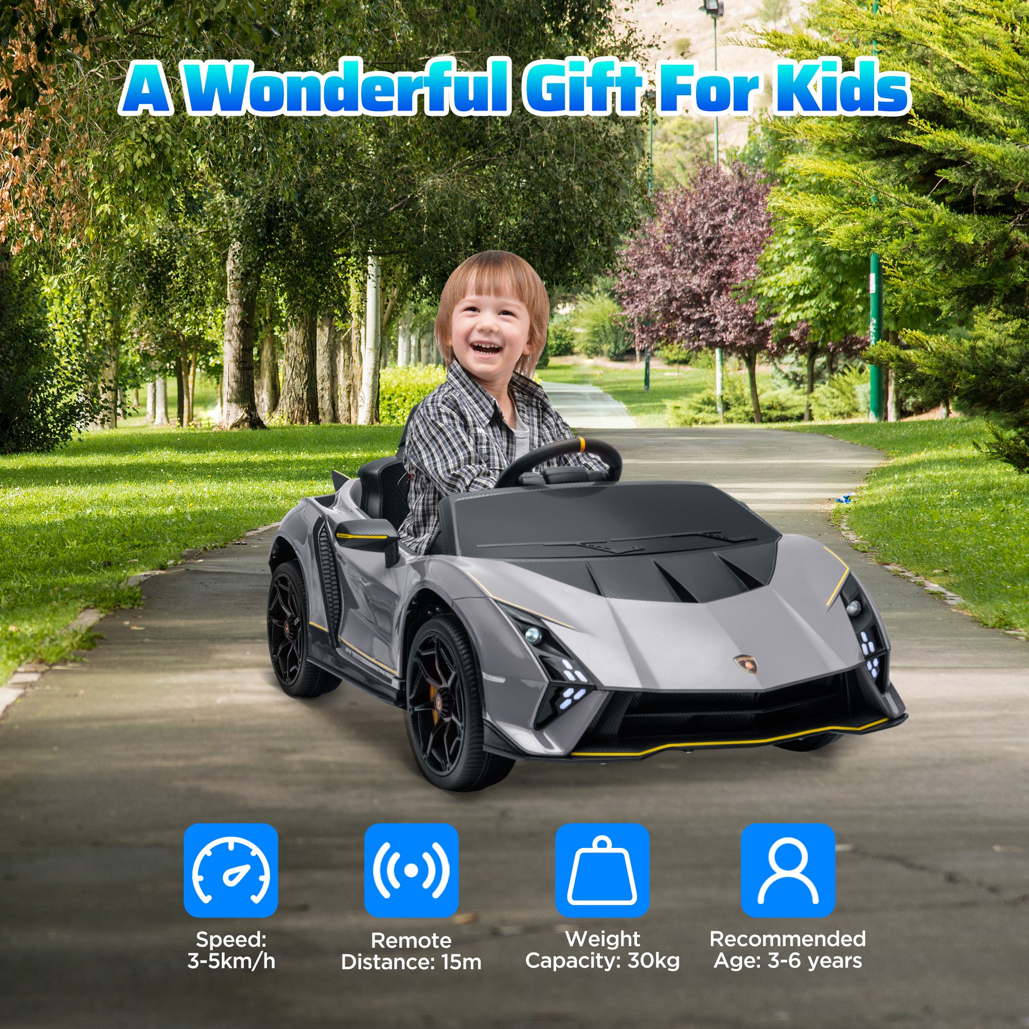 AIYAPLAY 12V Lamborghini Autentica Licensed Kids Electric Car with Remote Control, 4 Suspension Wheels, Soft Start, Grey - North Peak Garden Furniture