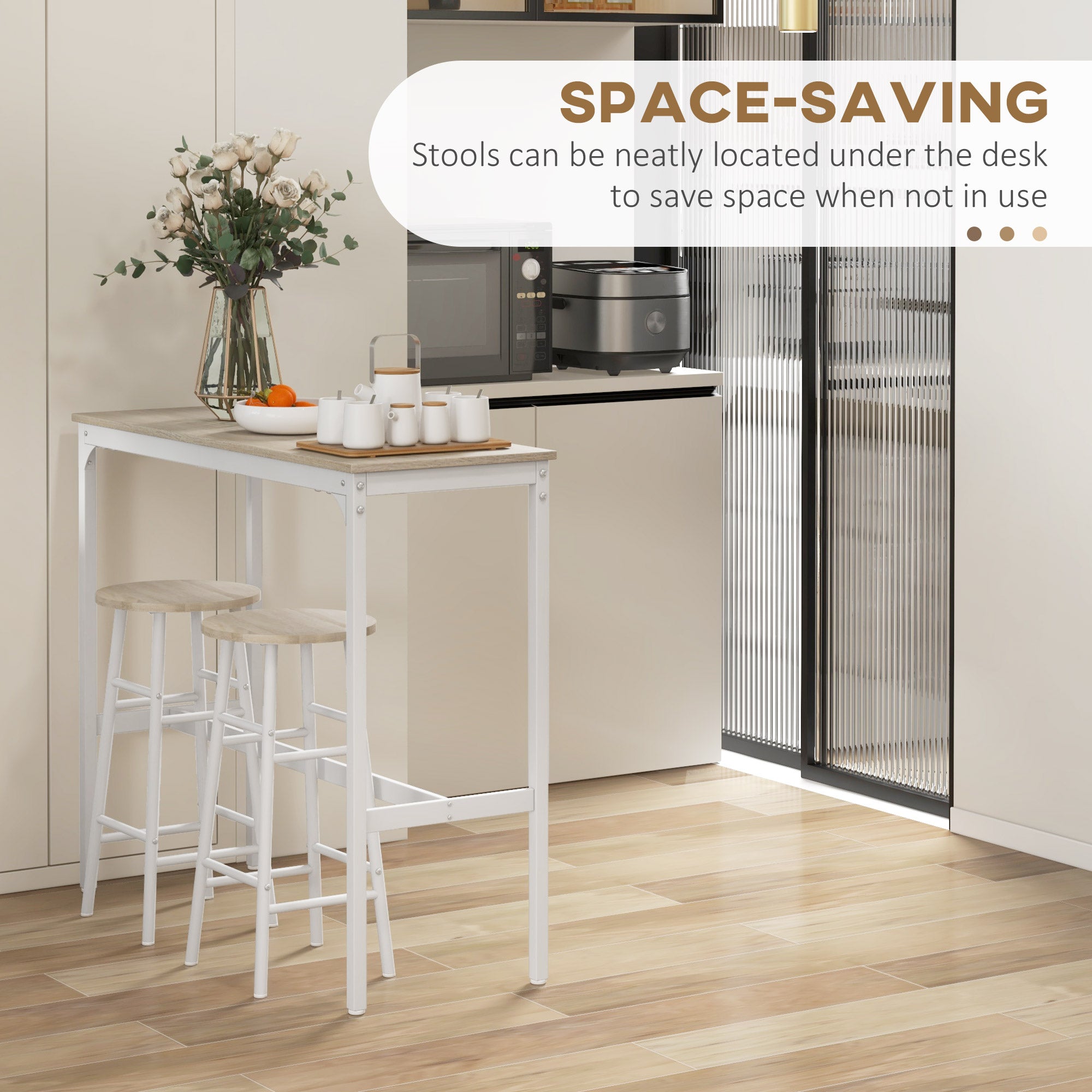 HOMCOM 3 Piece Bar Table Set with 2 Stools, Industrial Bar Table and Stool Set, Dining Table and Chair Set, Oak