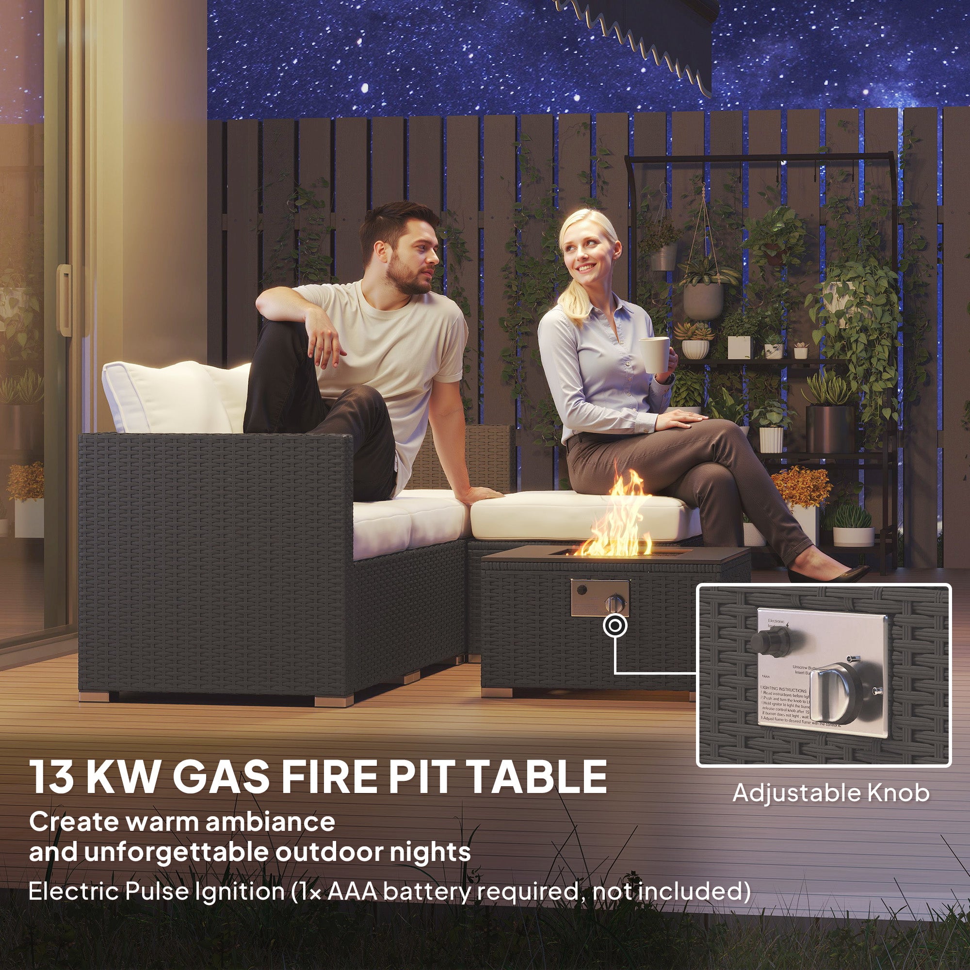 Outsunny Five Piece Rattan Garden Furniture Set with Gas Fire Pit Table and Footstool - Black and Cream White - North Peak Garden Furniture