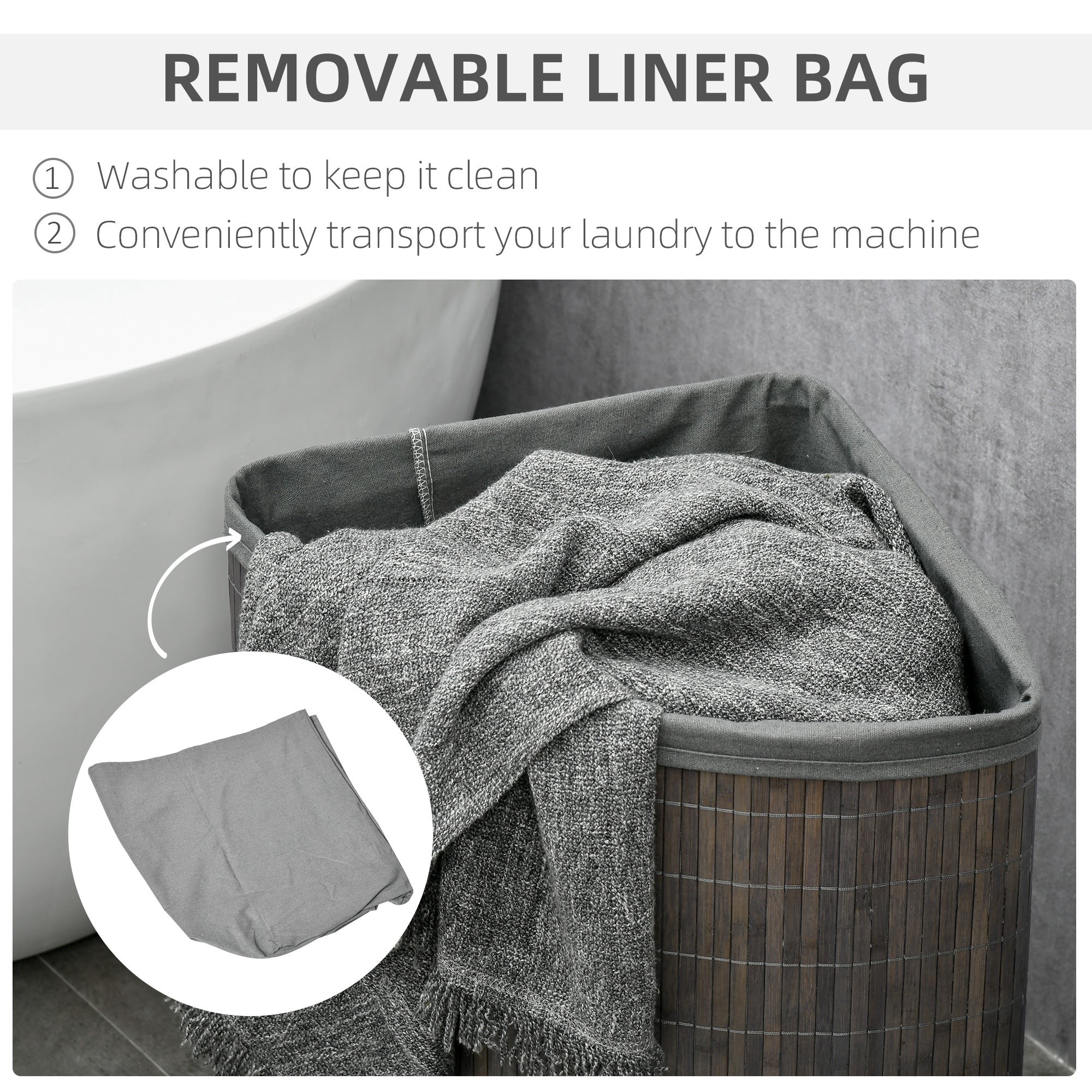 HOMCOM Bamboo Laundry Basket with Lid, 55 Litres Laundry Hamper with Removable Washable Lining, Corner Washing Baskets, 38 x 38 x 57cm, Grey - North Peak Garden Furniture