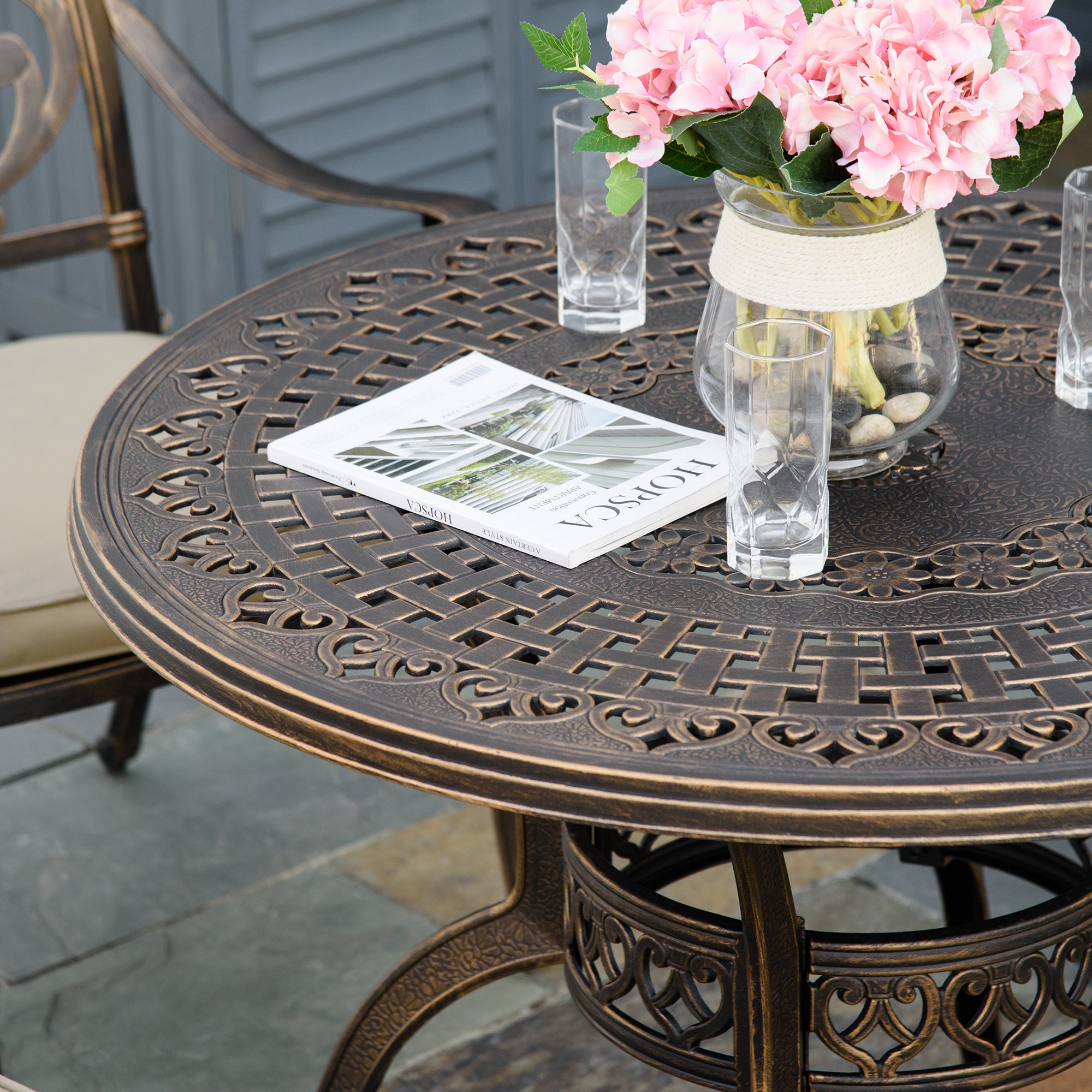 Outsunny 4 Seater Outdoor Dining Set Antique Cast Aluminium Garden Furniture Set with Cushions Round Dining Table with Parasol Hole, Bronze - North Peak Garden Furniture