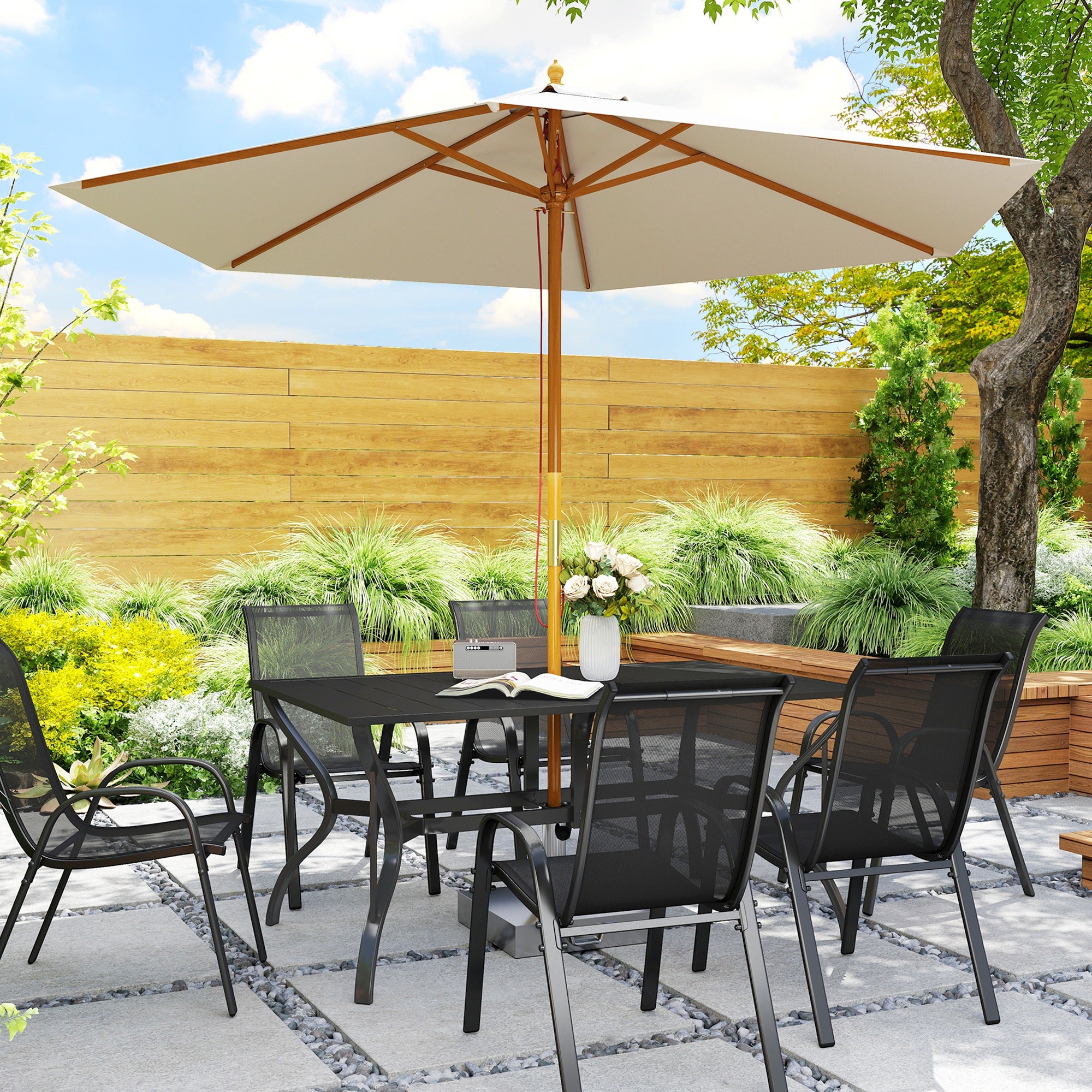 Outsunny Rectangle Garden Dining Table with Parasol Hole, Patio Table with Steel Frame and Slat Tabletop, 150cm x 90cm, Black - North Peak Garden Furniture